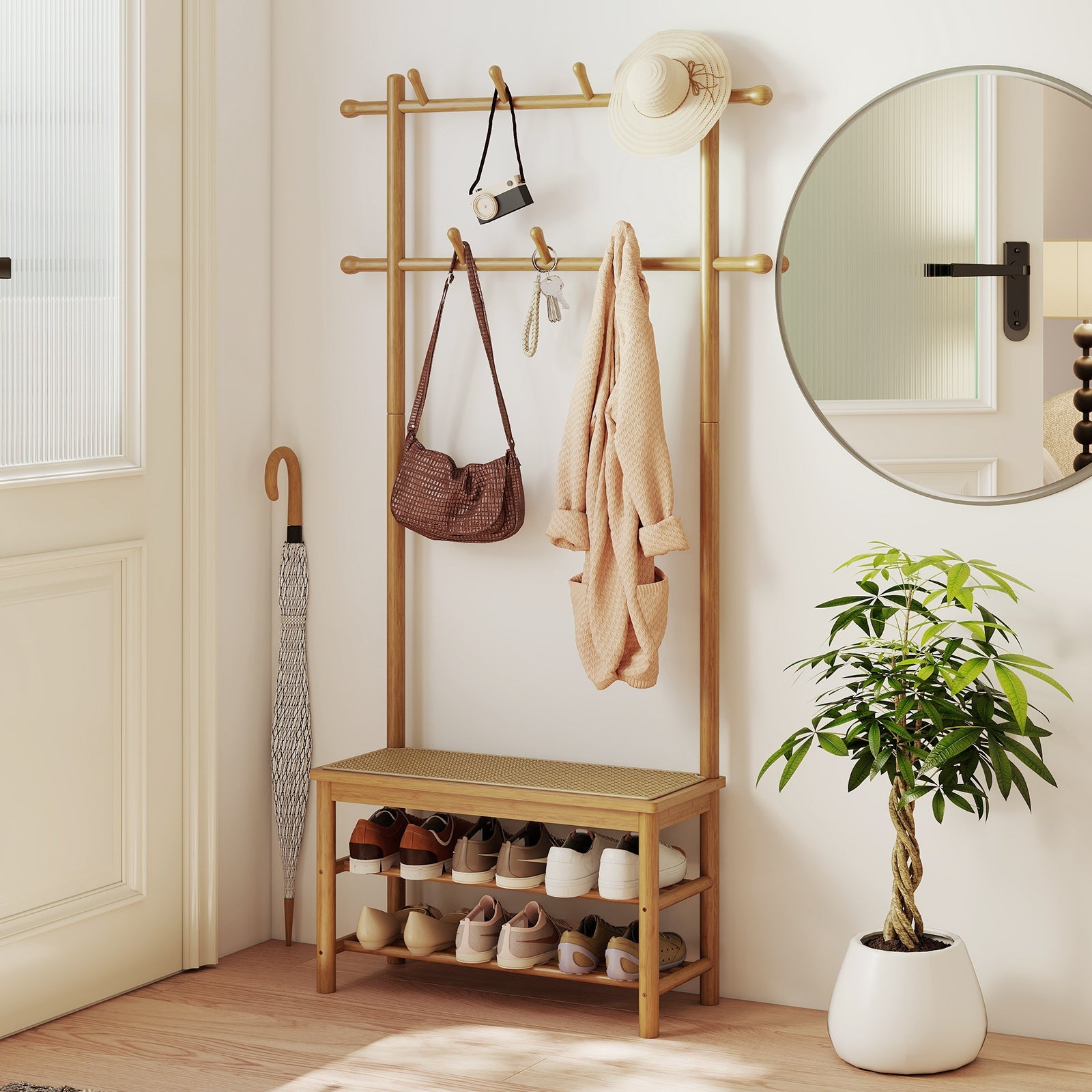 Bamboo Coat Rack PE Rattan Hall Tree with Bench and Shoe Storage 3-In-1 Entryway Bench