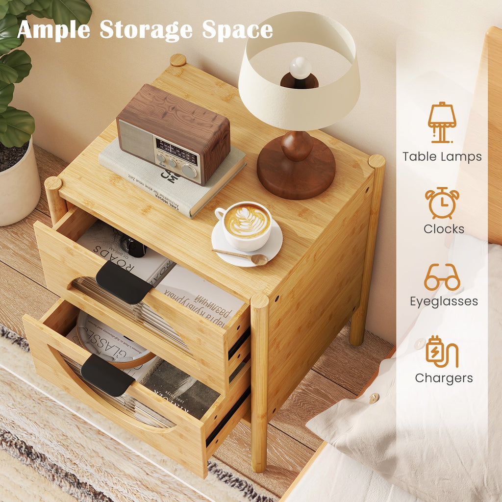 Bamboo Nightstand with 2 Storage Drawers and Reeded Tempered Glass Fronts-Natural