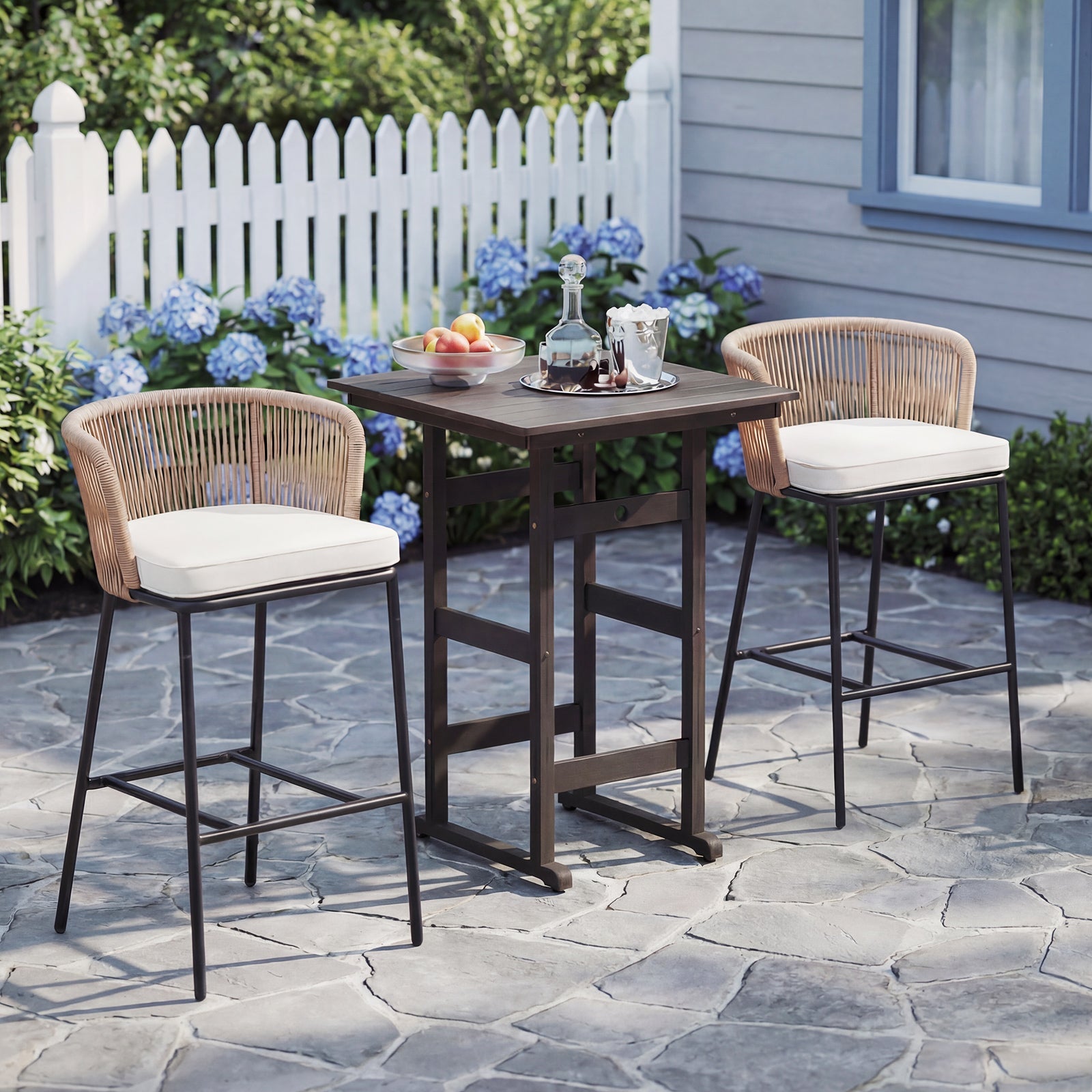 Bar Height Woven Rope Patio Chairs Set of 2-White