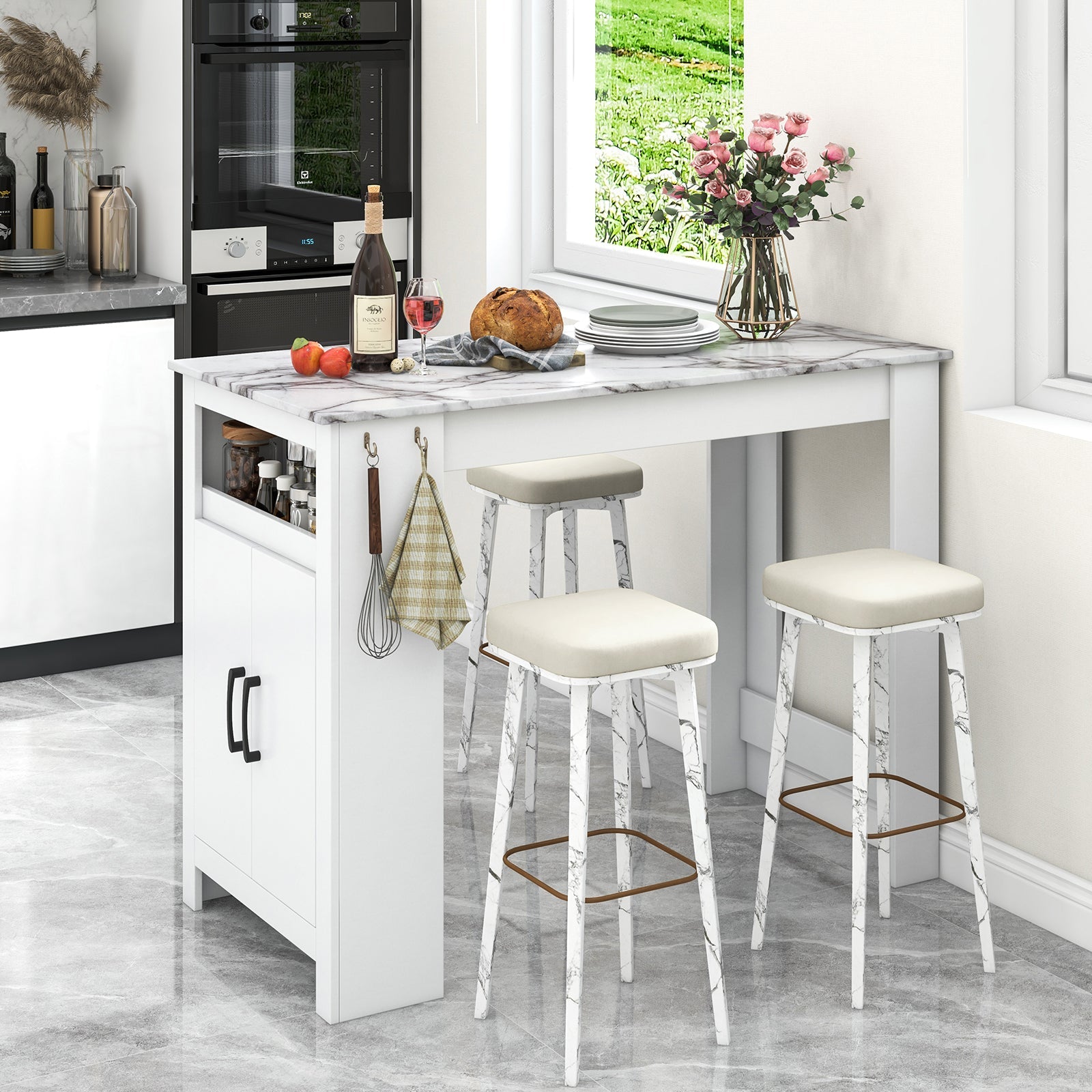 Bar Table Faux Marble Pub Table with 7 Hanging Hooks Compartment-White