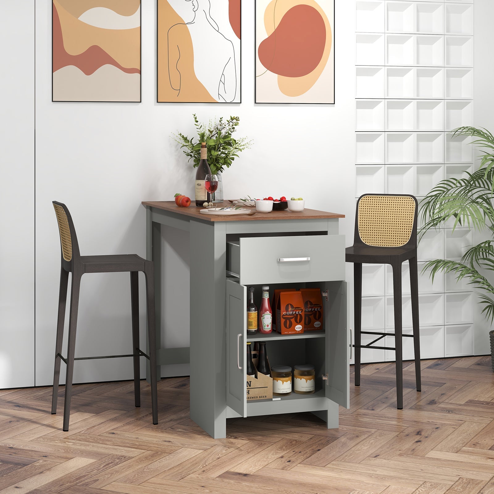 Counter Height Bar Table with Storage Cabinet and Drawer