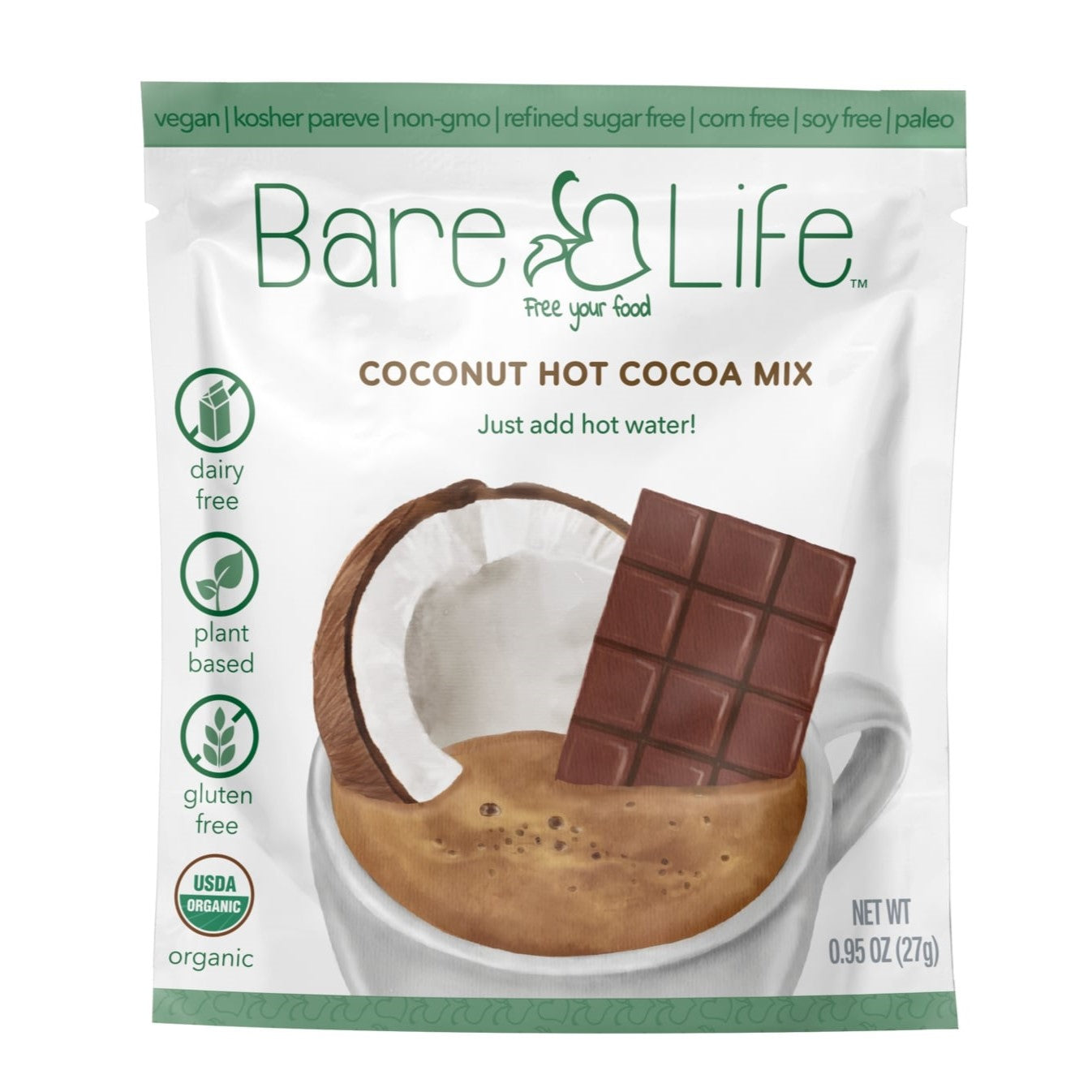 Instant Dairy Free Coconut Hot Cocoa Mix  | Single Serving 5 Pack |Gluten Free, Vegan and Organic