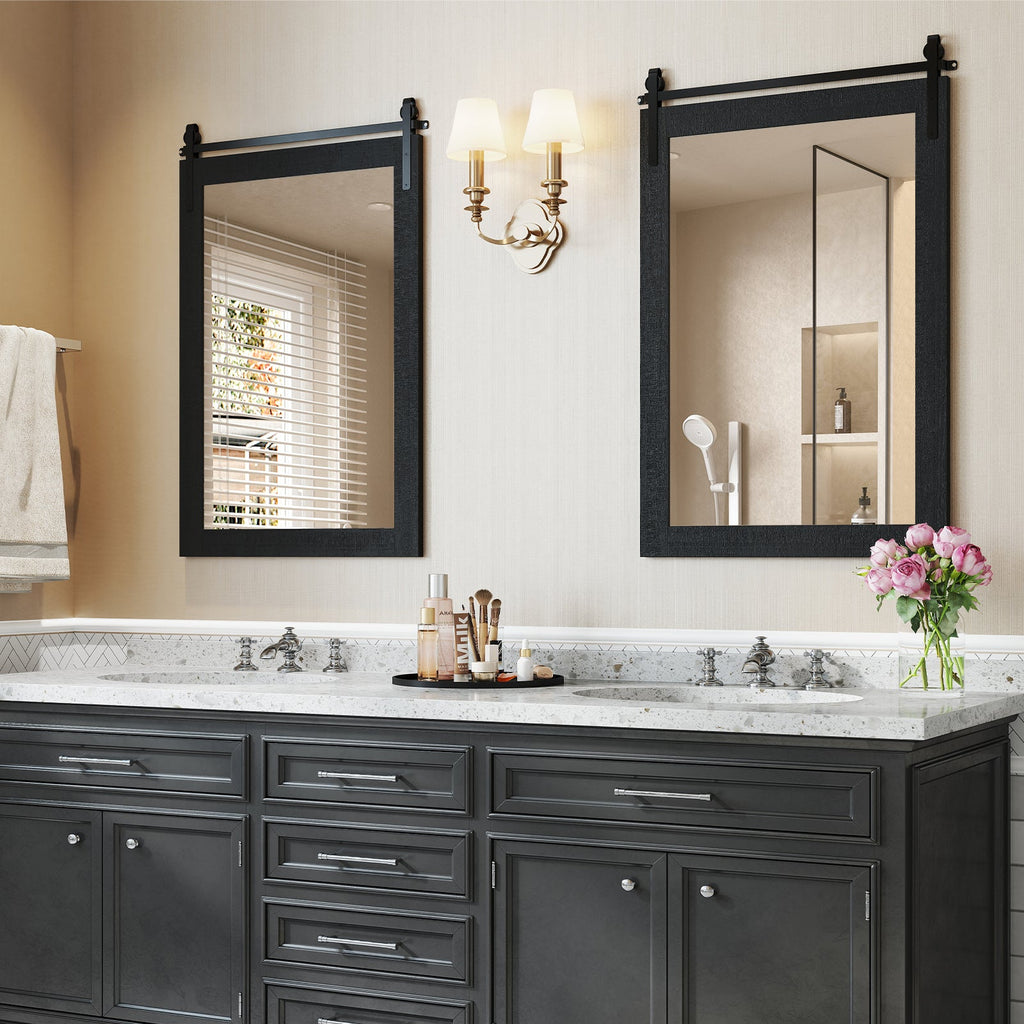 Rustic Wood Frame Barn Door Style Farmhouse Wall Mirror