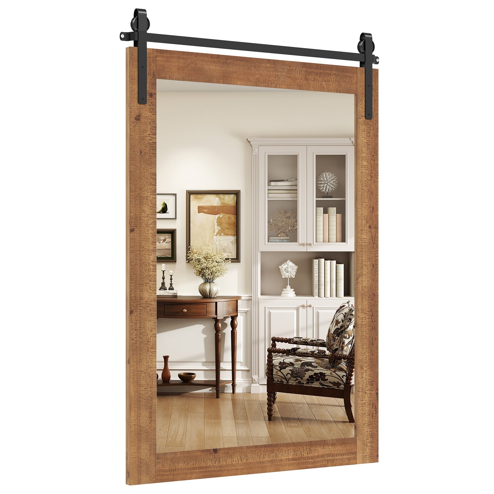 Rustic Wood Frame Barn Door Style Farmhouse Wall Mirror
