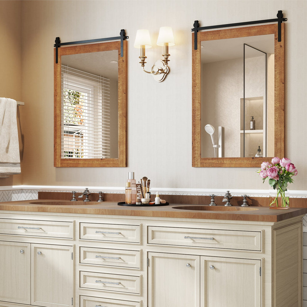 Rustic Wood Frame Barn Door Style Farmhouse Wall Mirror