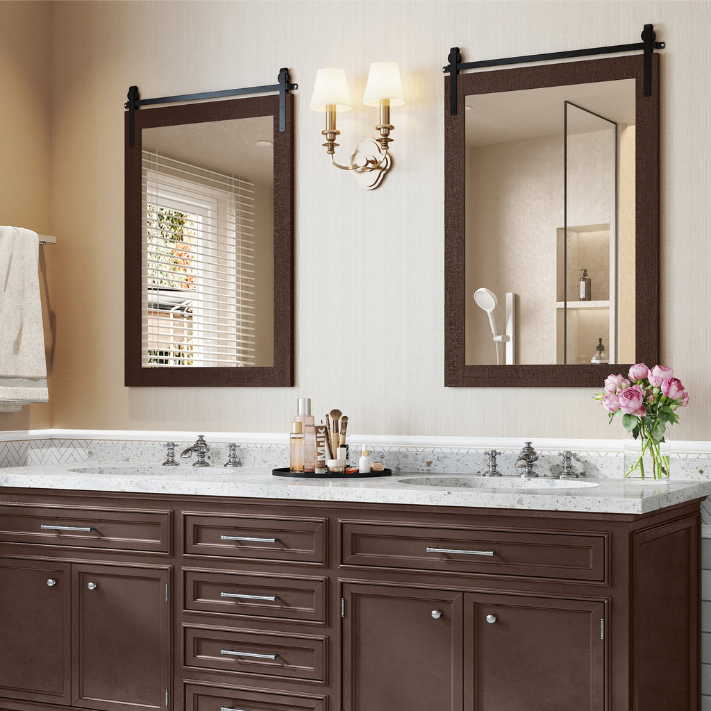 Rustic Wood Frame Barn Door Style Farmhouse Wall Mirror