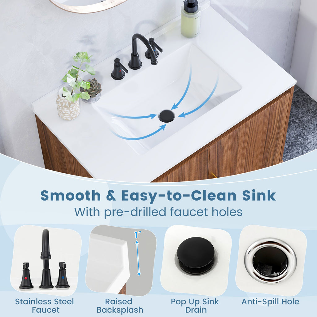 31 Inch Bathroom Vanity Sink Combo with Doors and Open Shelf-Walnut