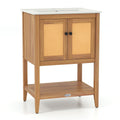 Bathroom Vanity with Ceramic Sink 2 Rattan Doors and Slatted Shelf