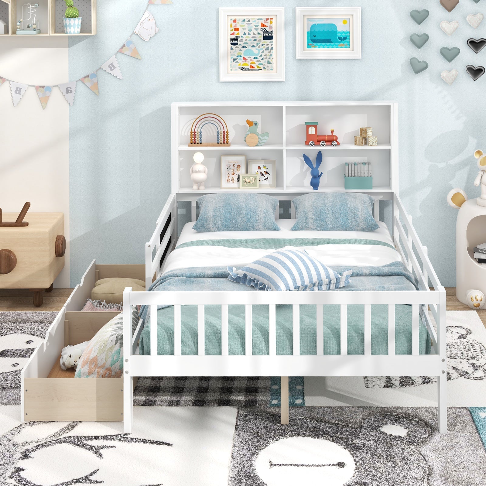 Twin/Full Size Bed Frame with 2 Drawers and Bookcase for Boys and Girls