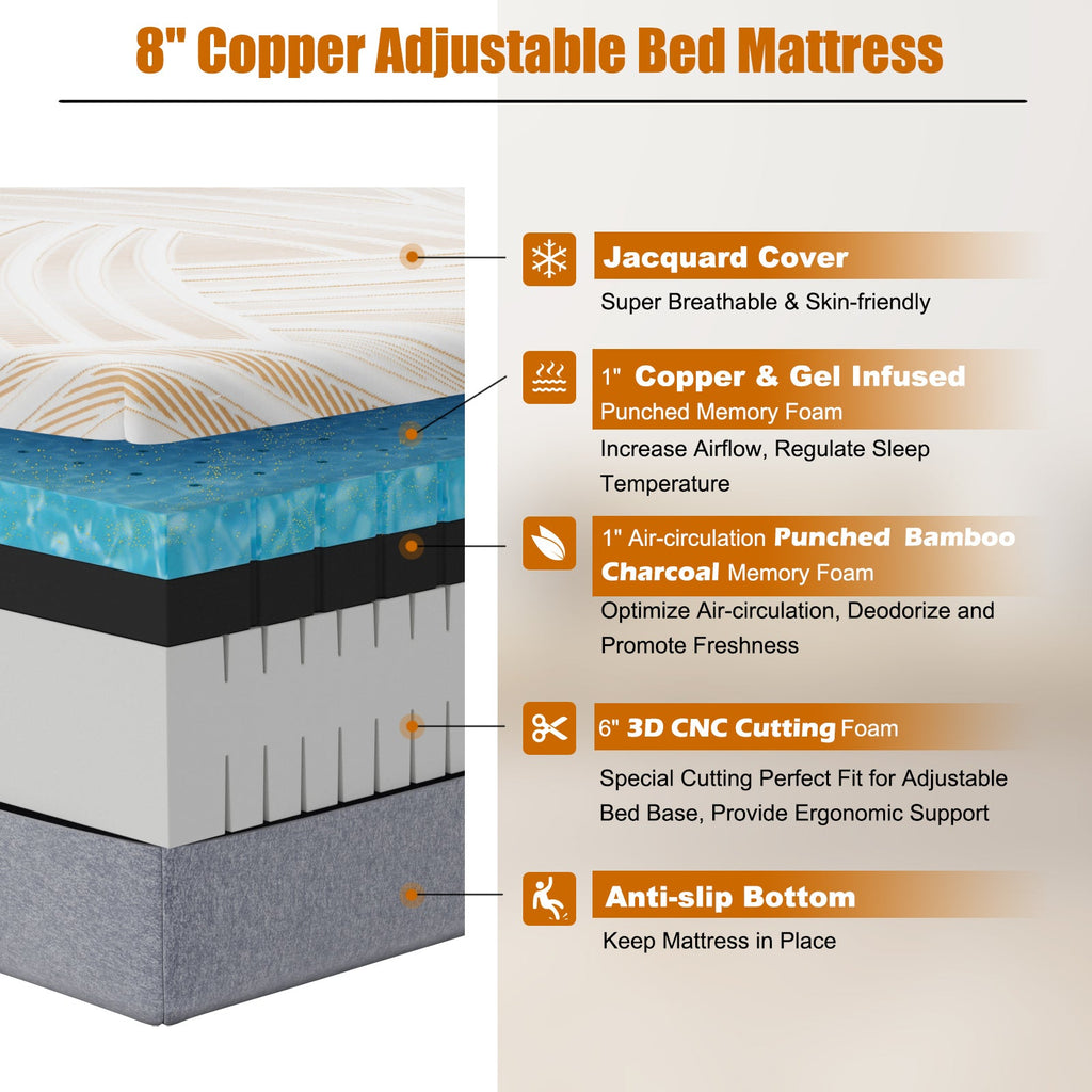 Bed Mattress Memory Foam Twin Size with Jacquard Cover for Adjustable Bed Base