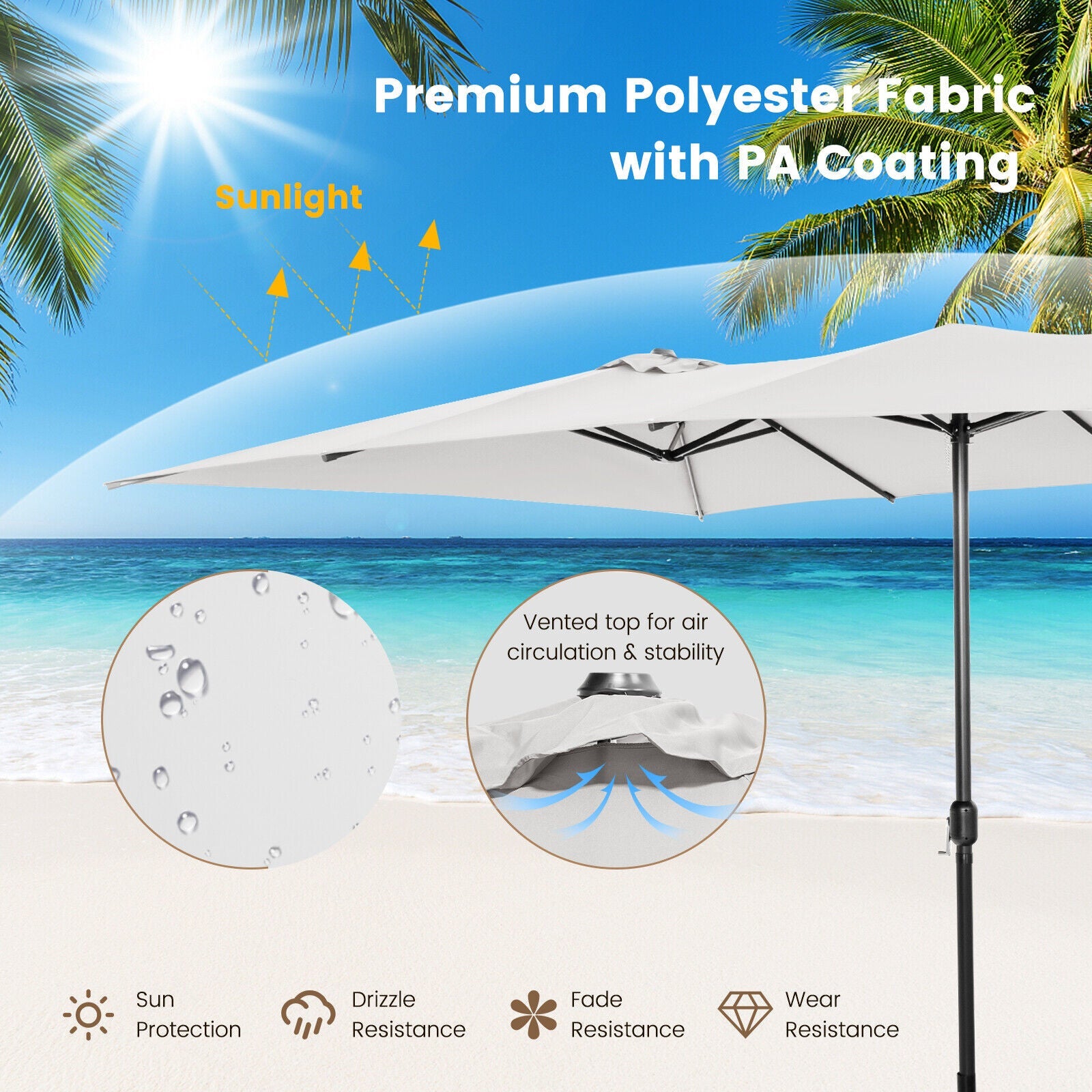 15 Feet Double-Sized Patio Umbrella with Crank Handle and Vented Tops