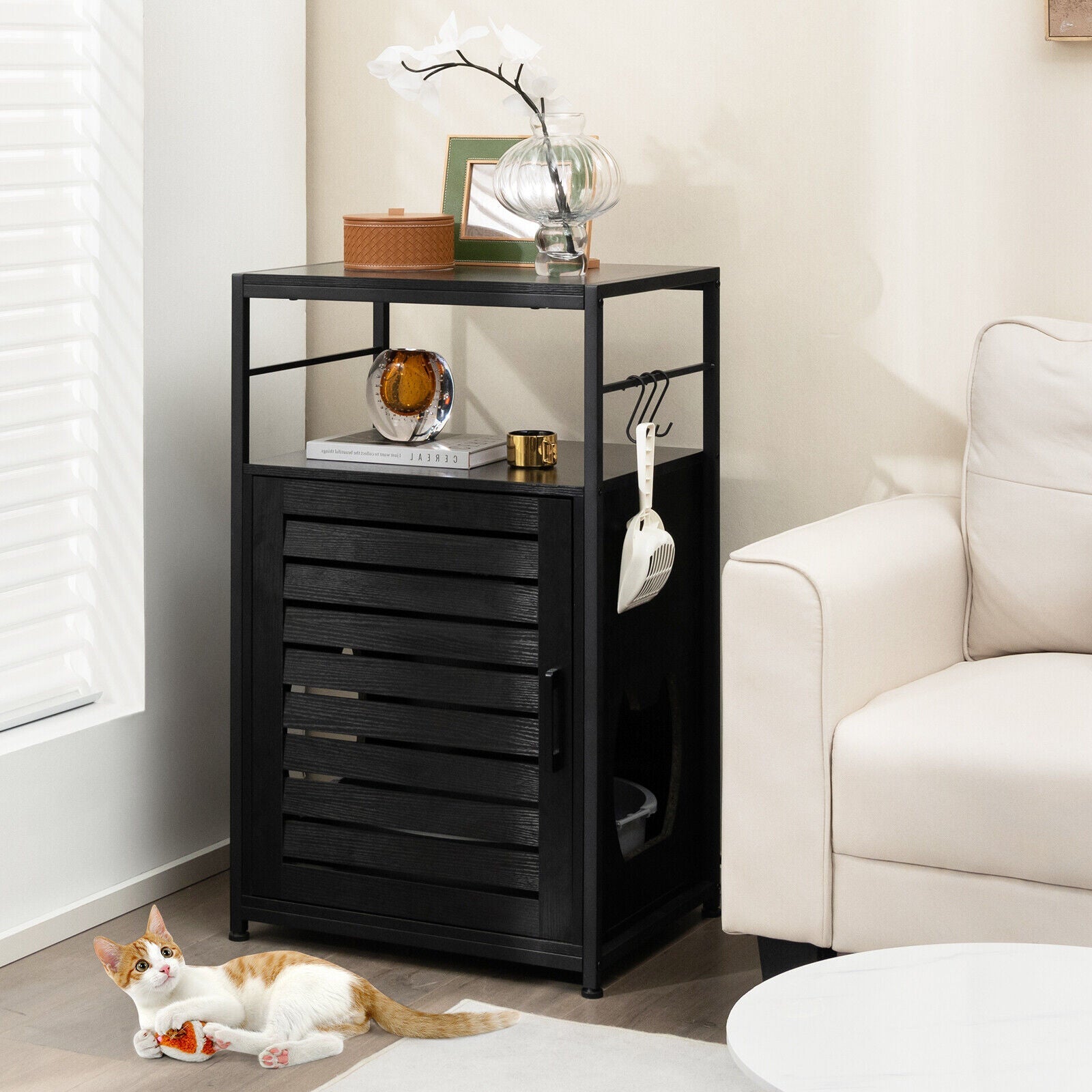 Cat Litter Box Enclosure with Louvered Door and 3-Tier Shelf