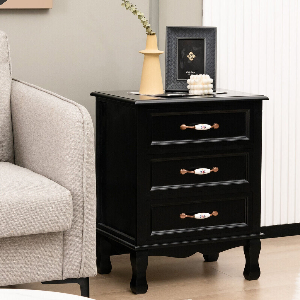 3 Drawers Nightstand with Solid Wood Legs for Living Room Bedroom-Black