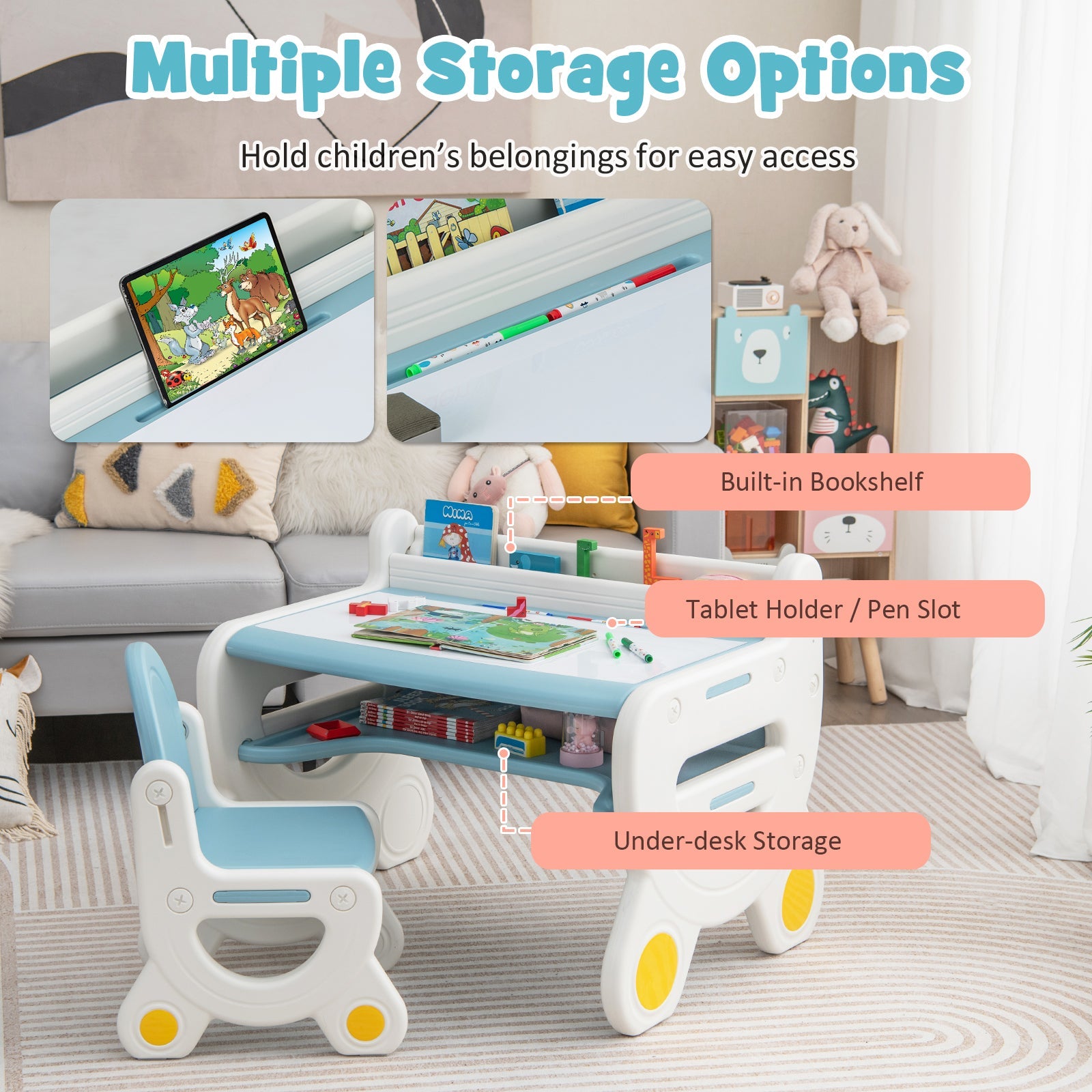 Kids Drawing Table and Chair Set with Watercolor Pens and Blackboard Eraser