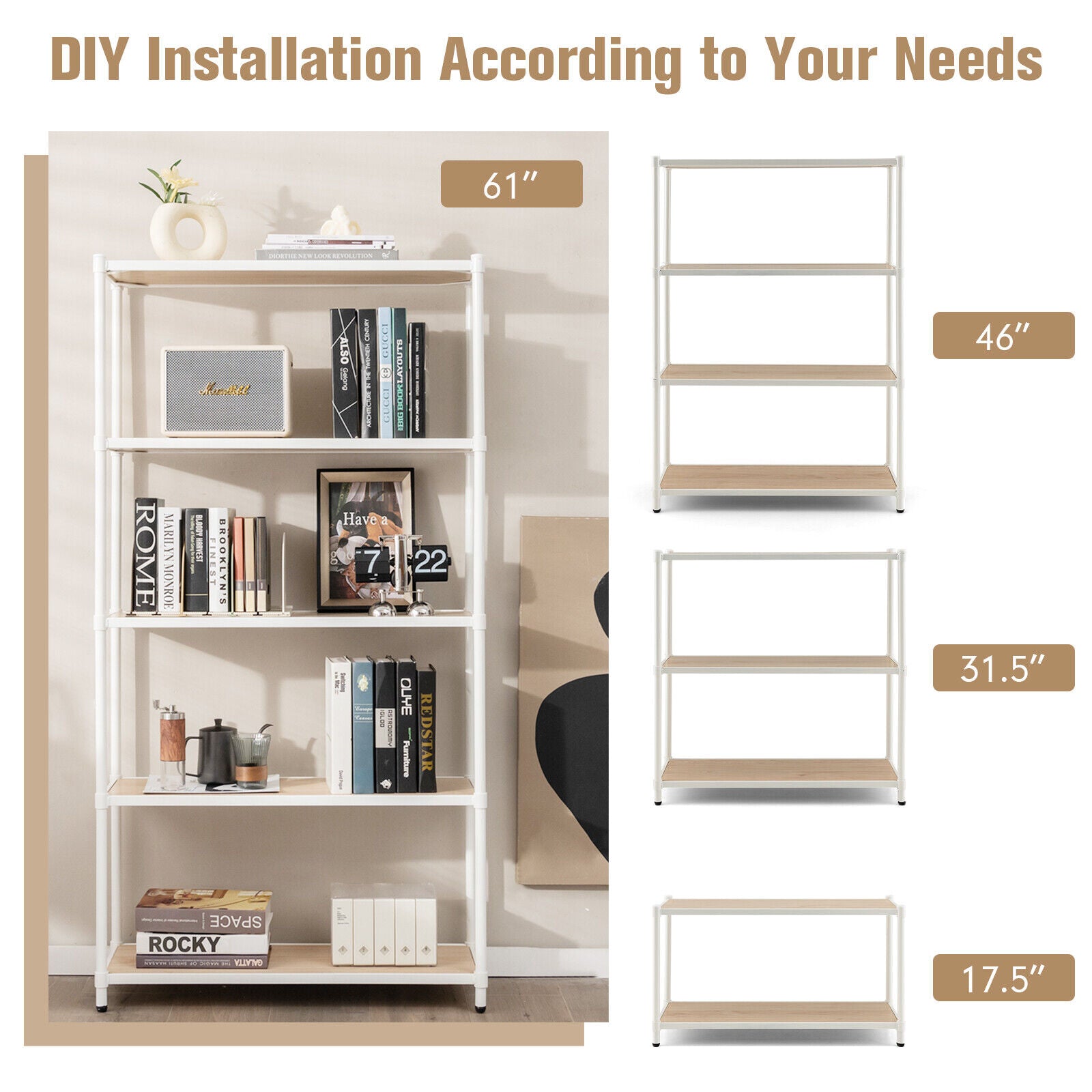 5 Tiers 61 Inch Multi-use Bookshelf with Metal Frame