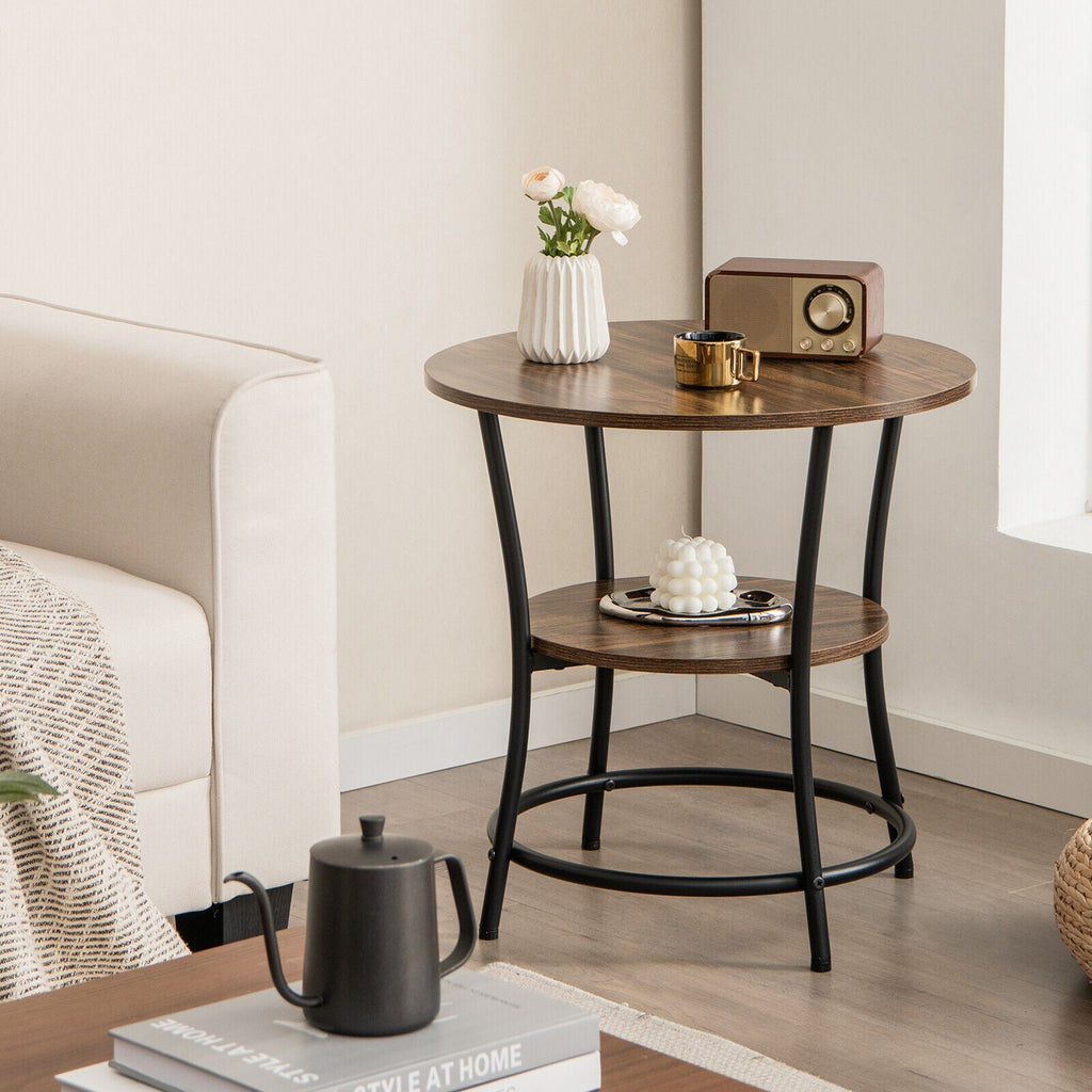 2-Tier Round End Table with Open Storage Shelf and Sturdy Metal Frame