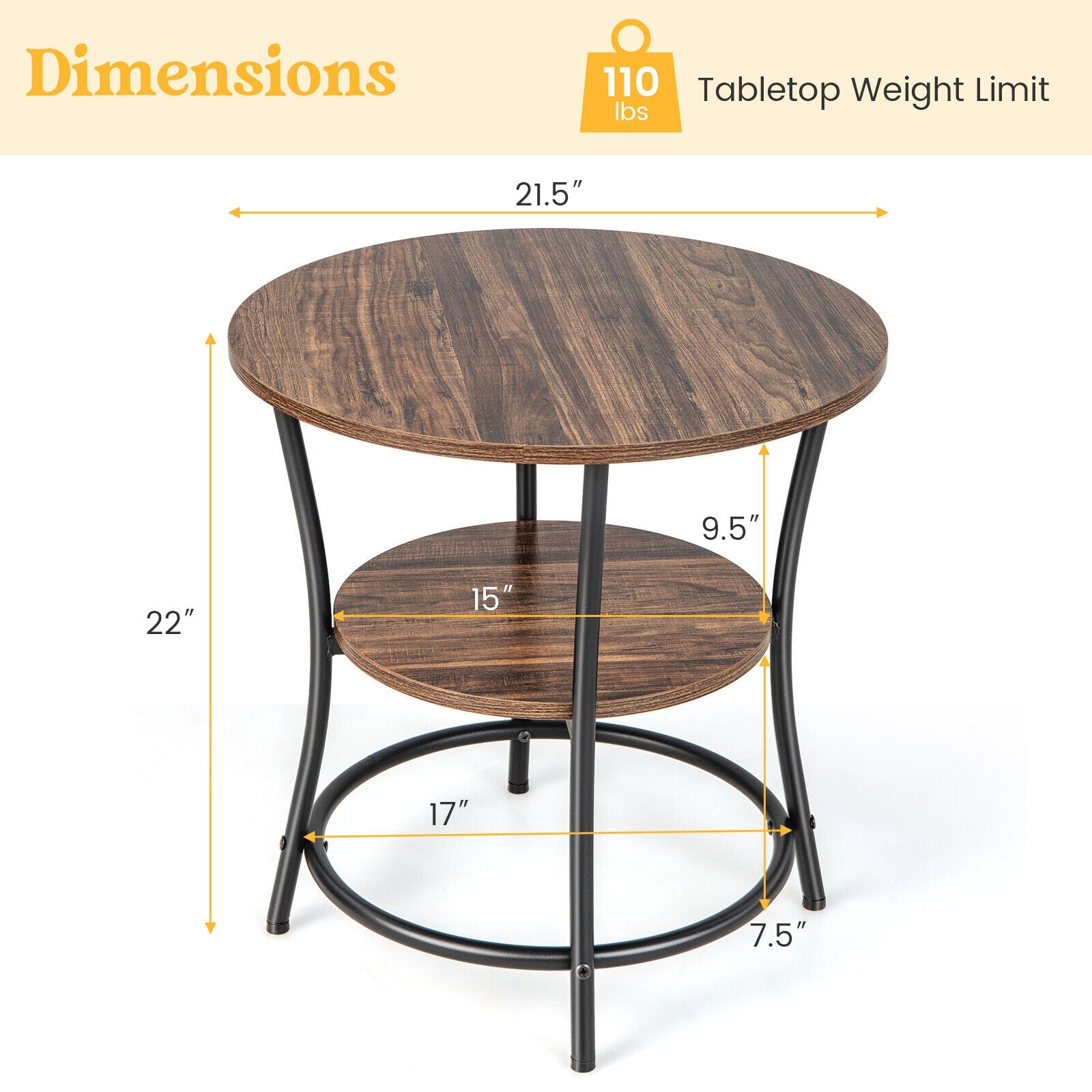 2-Tier Round End Table with Open Storage Shelf and Sturdy Metal Frame