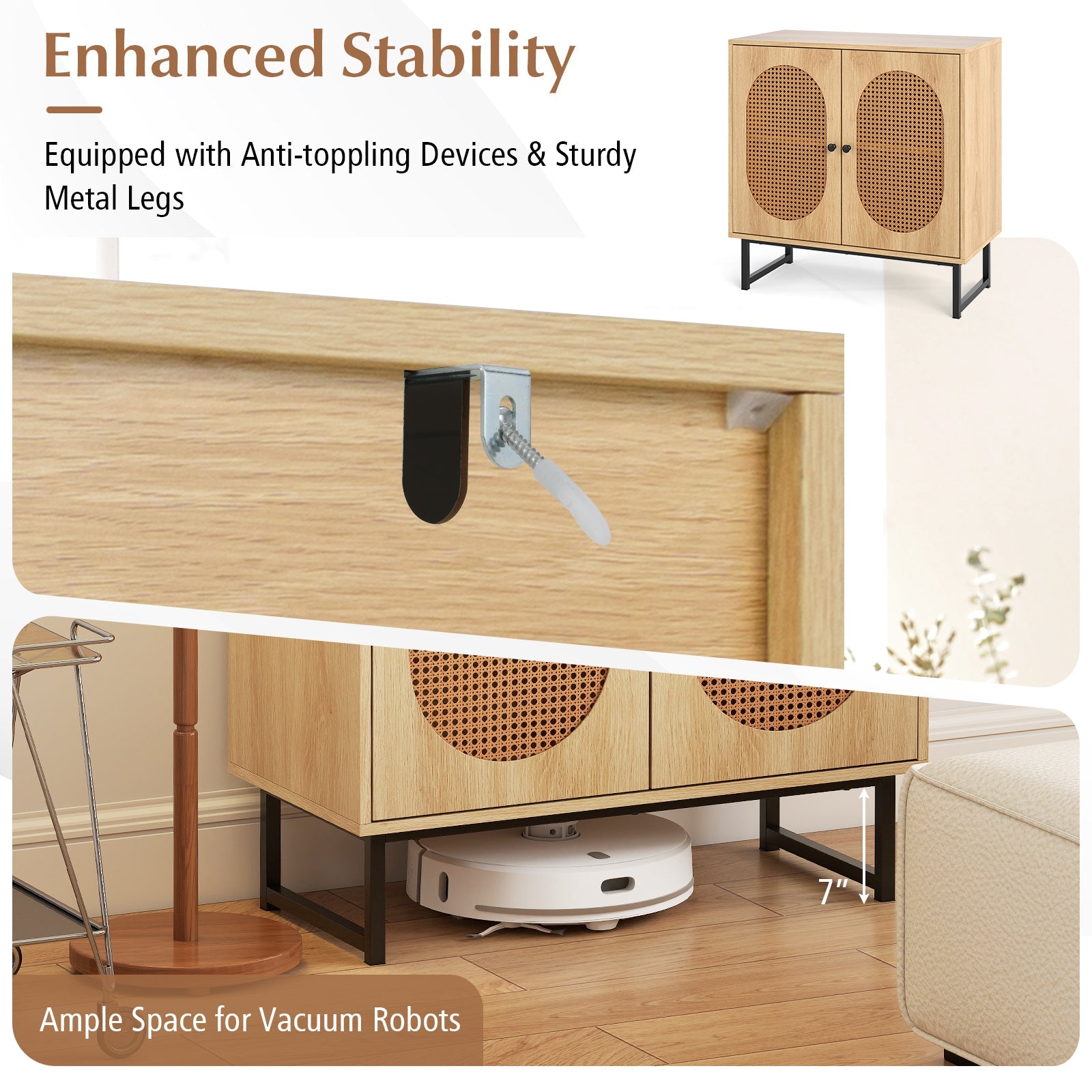 Buffet Cabinet Rattan Storage Cabinet with 2 Doors and Adjustable Shelf