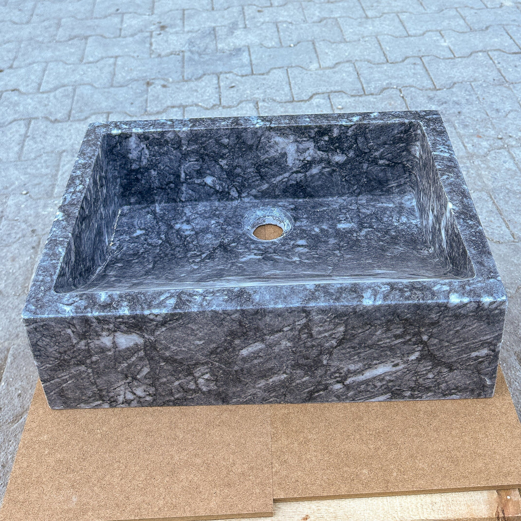 Turkish Gray Marble Hand Carved Rectangular Vessel Sink Polished 12 x 18 x 6 Inches