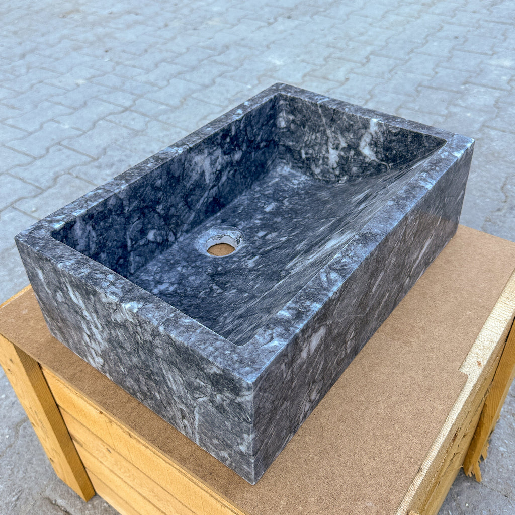 Turkish Gray Marble Hand Carved Rectangular Vessel Sink Polished 12 x 18 x 6 Inches