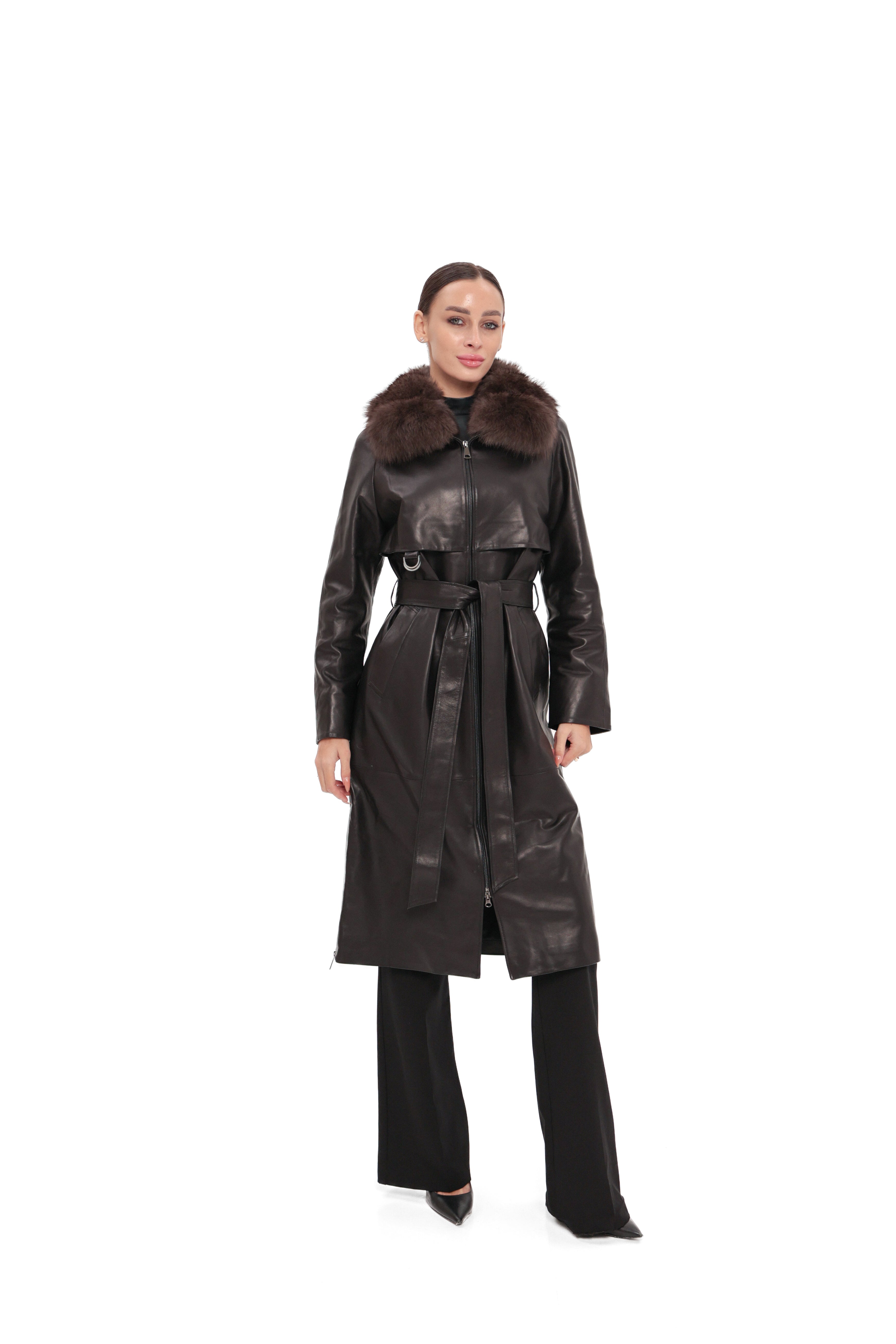 Genuine Leather Polar Fox Trim Coat