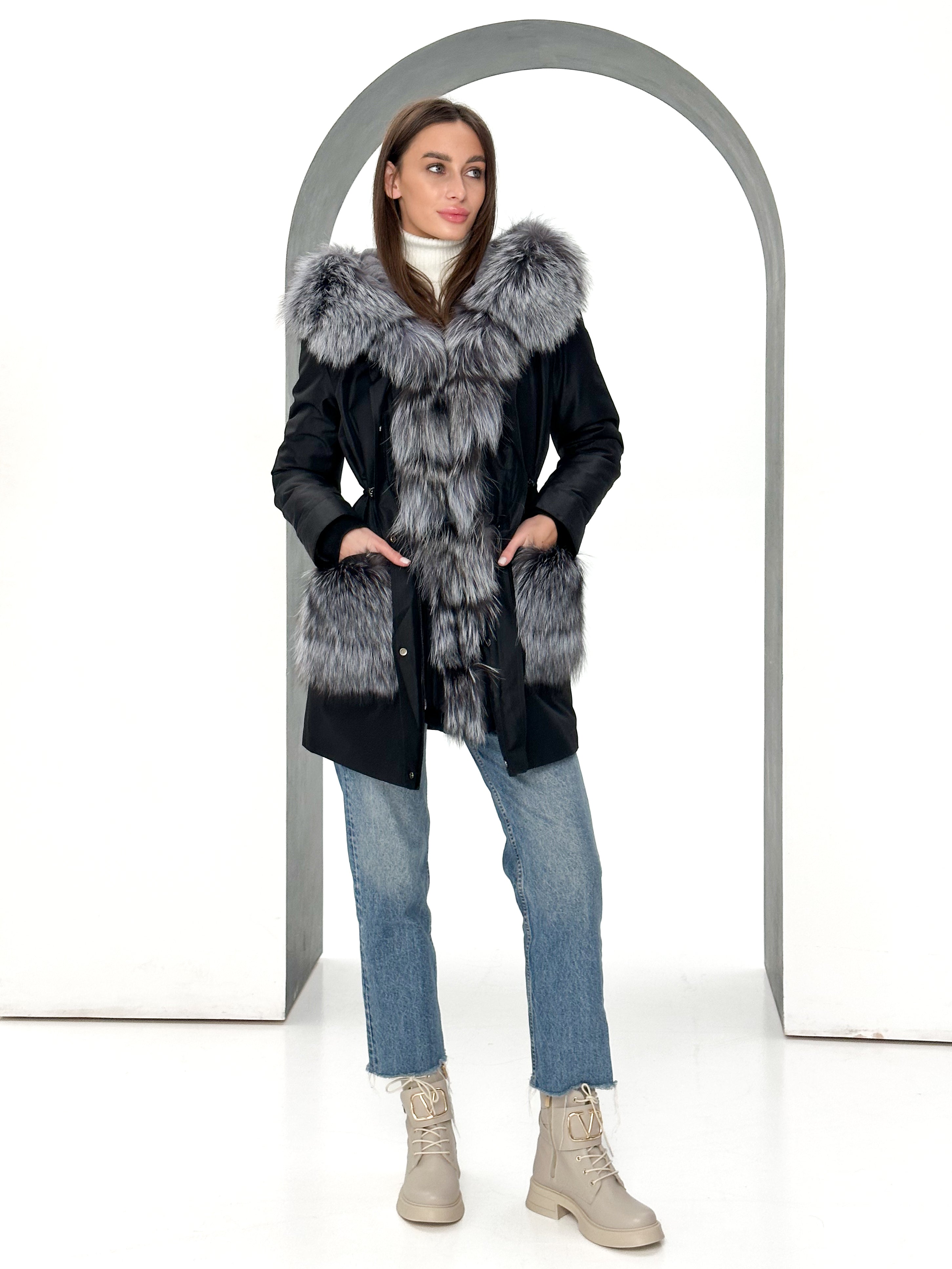 Roma Genuine Silver Fox Fur Rabbit Fur Insulated Parka in Black