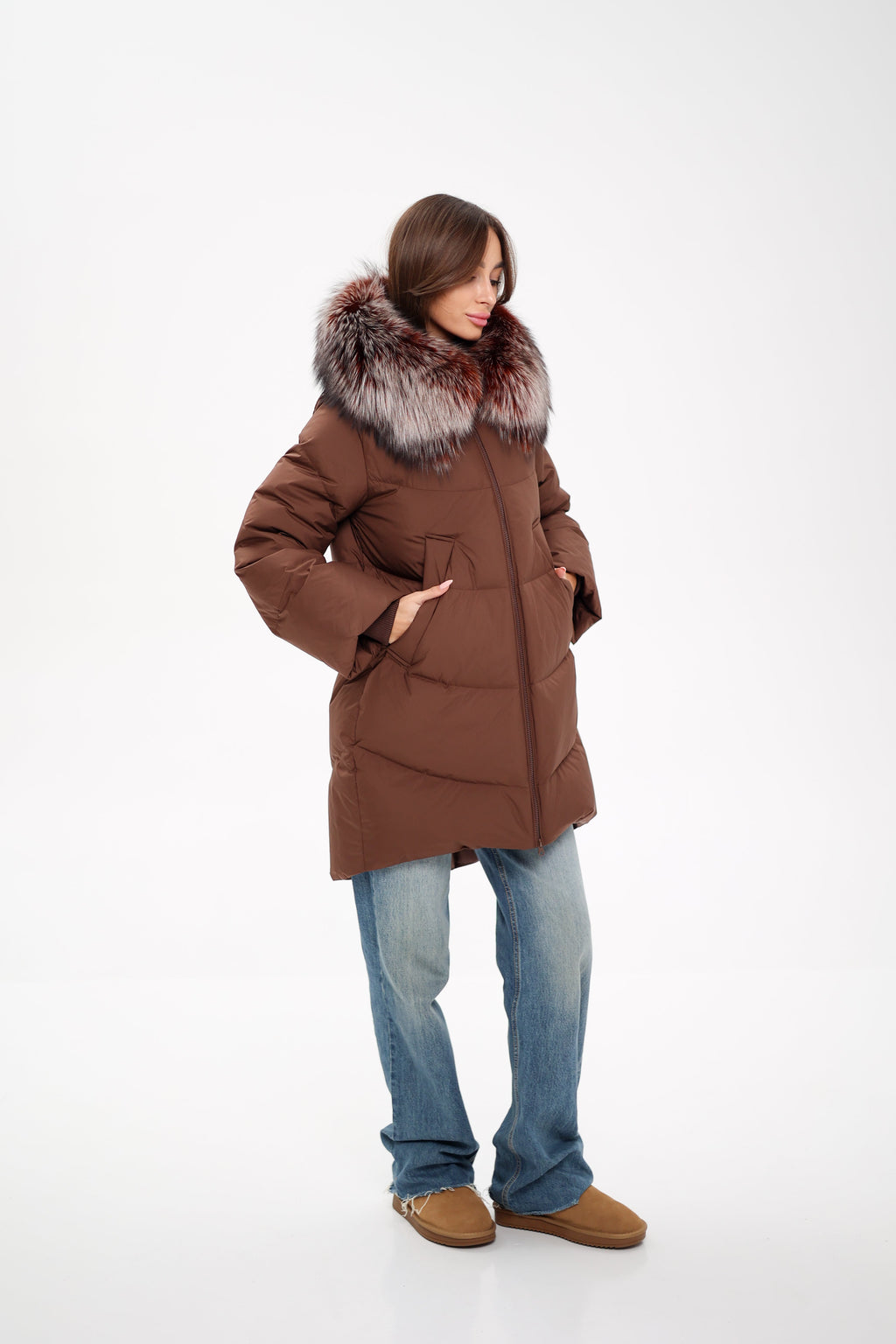 Genuine Silver Fox Down Fill Coat in Chocolate