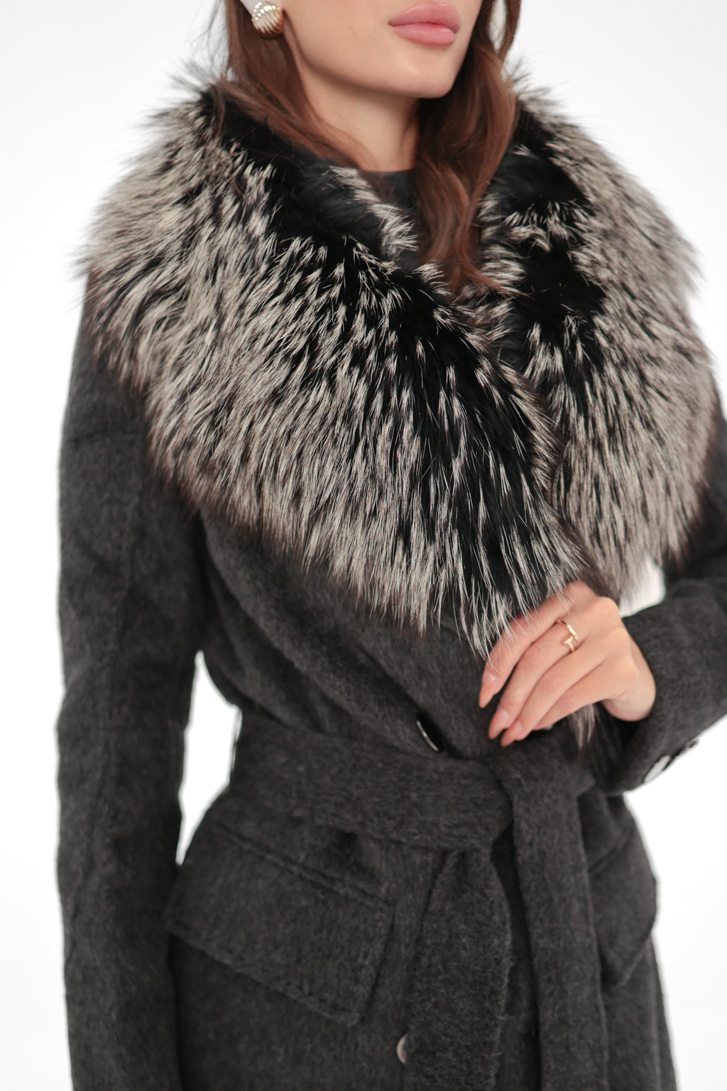 Genuine Silver Fox Cashmere Blend Coat