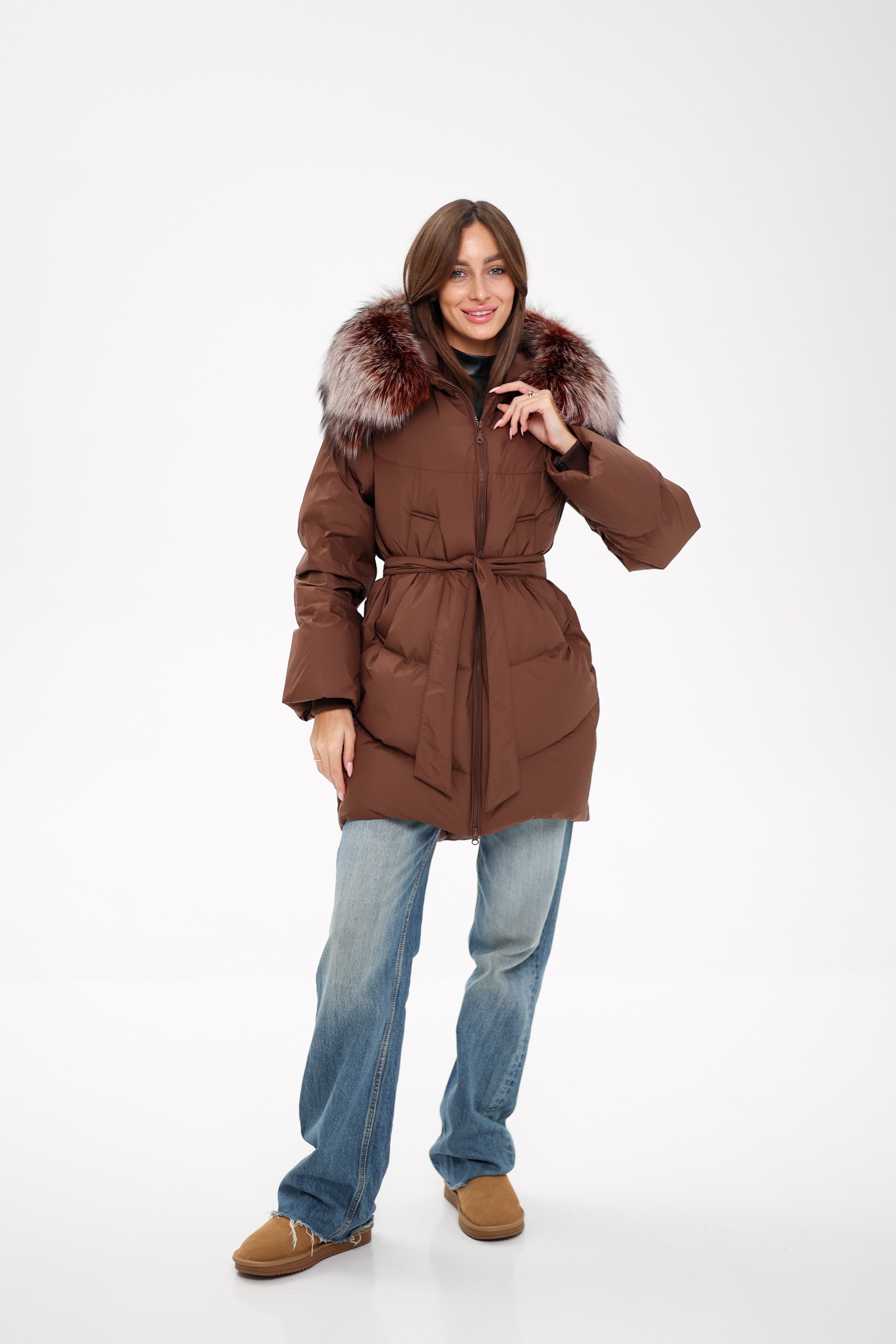 Genuine Silver Fox Down Fill Coat in Chocolate