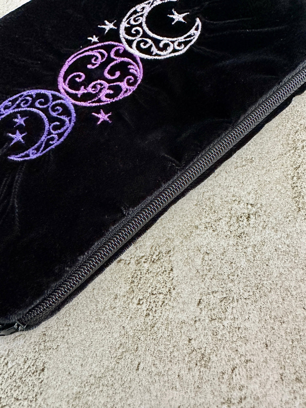 Witchy Triple Moon Embroidered Velvet Tarot Bag With Zipper & Satin Lining