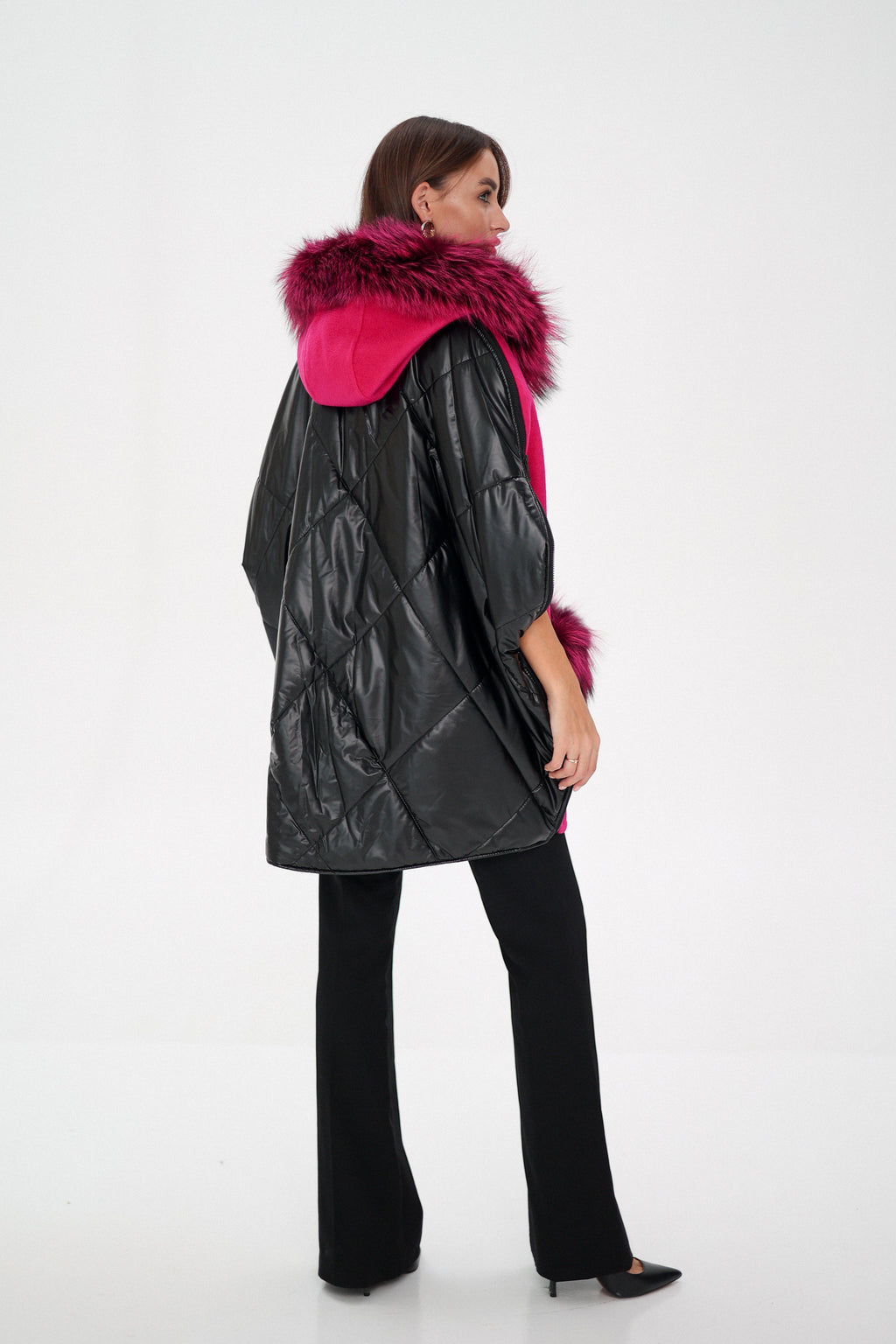 Saga®Furs Silver Fox Wool Alpaca Poncho Vest in Fuchsia