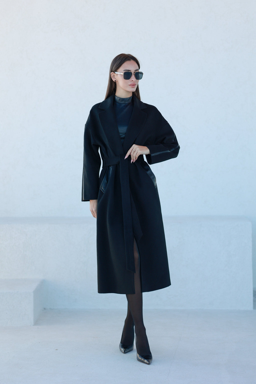 Logan Leather Trim Cashmere Blend Overcoat in Black