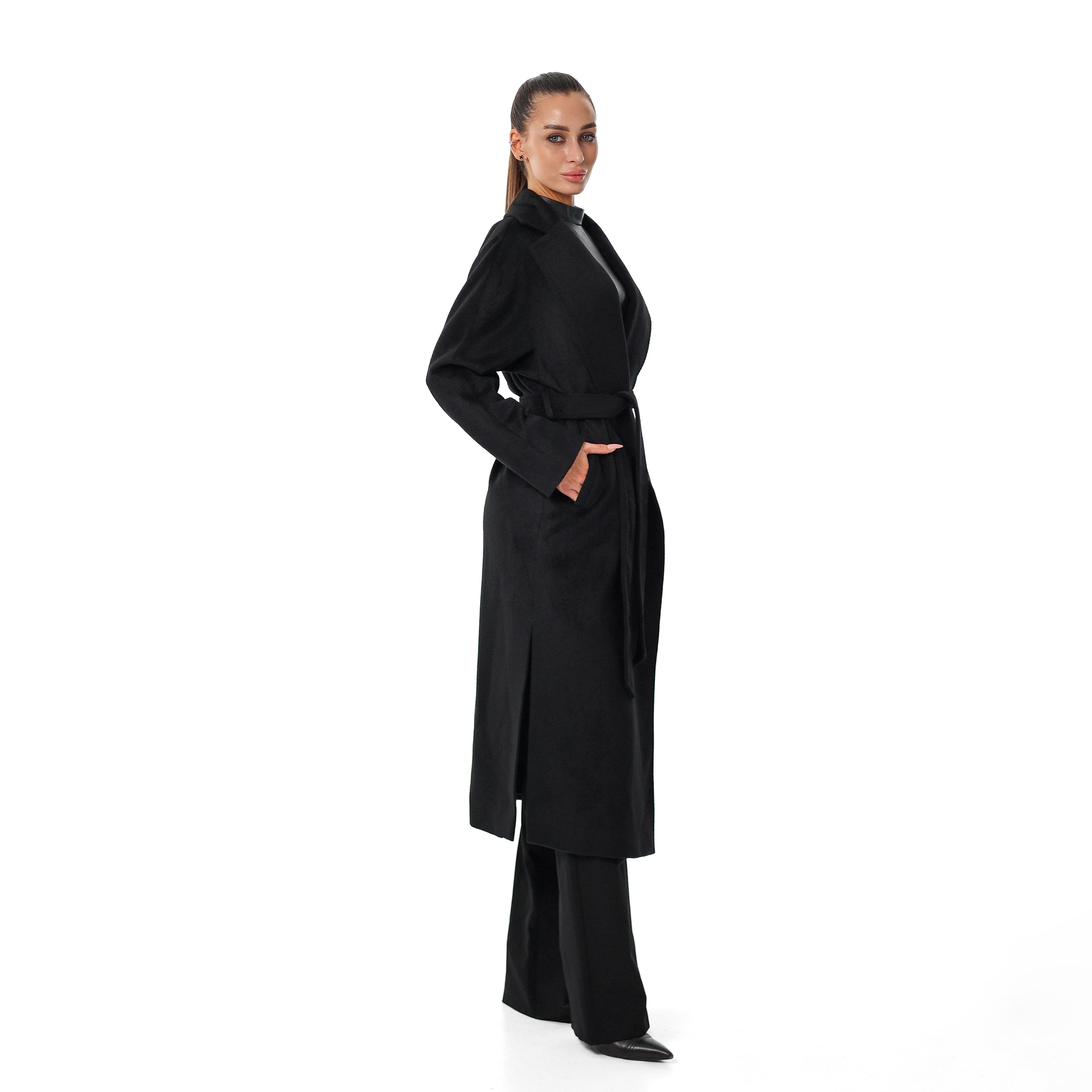 Cambridge Comfort Wraparound Wool Cashmere Coat in Black