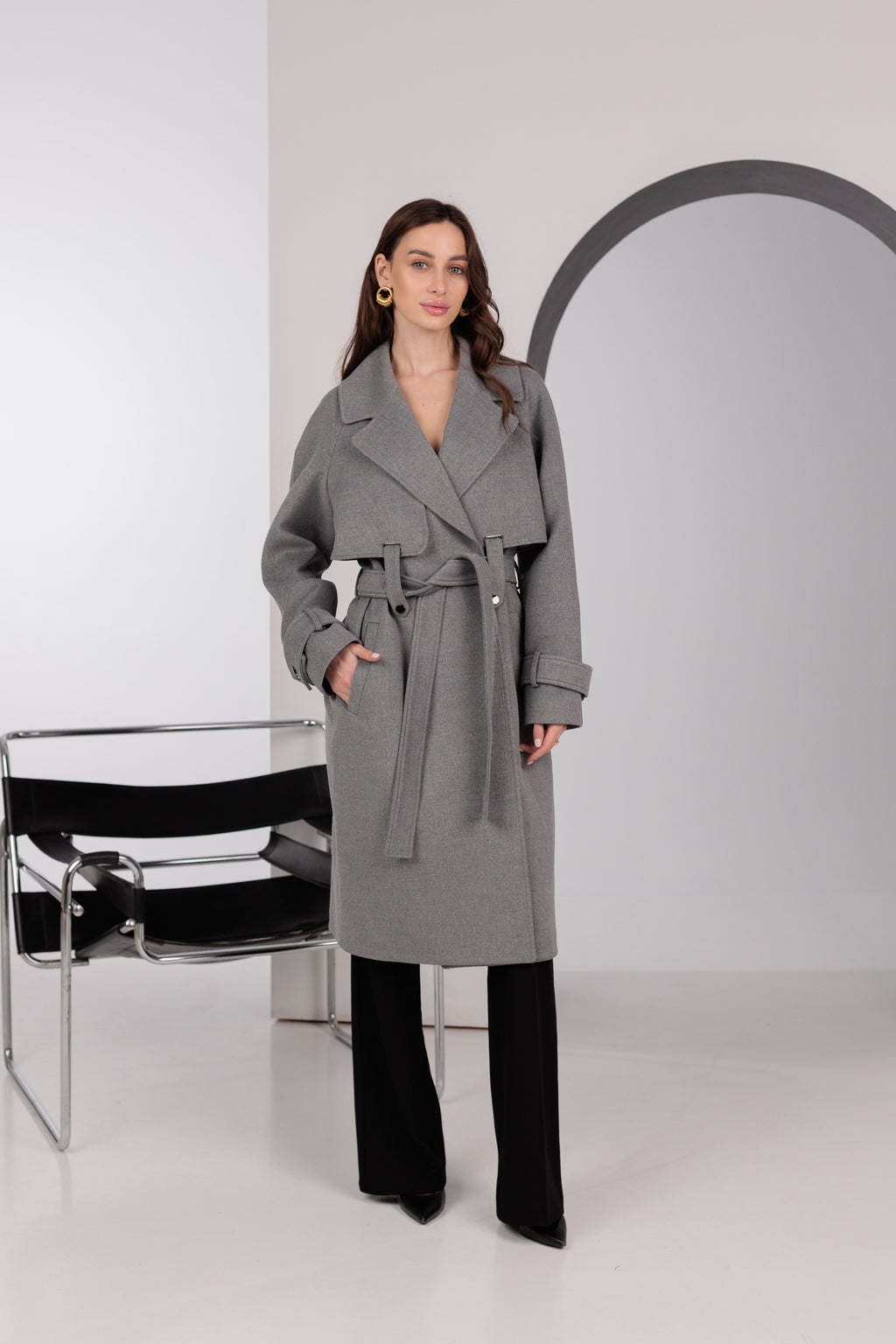Karina Belted Wool Cashmere Blend Overcoat in Grey