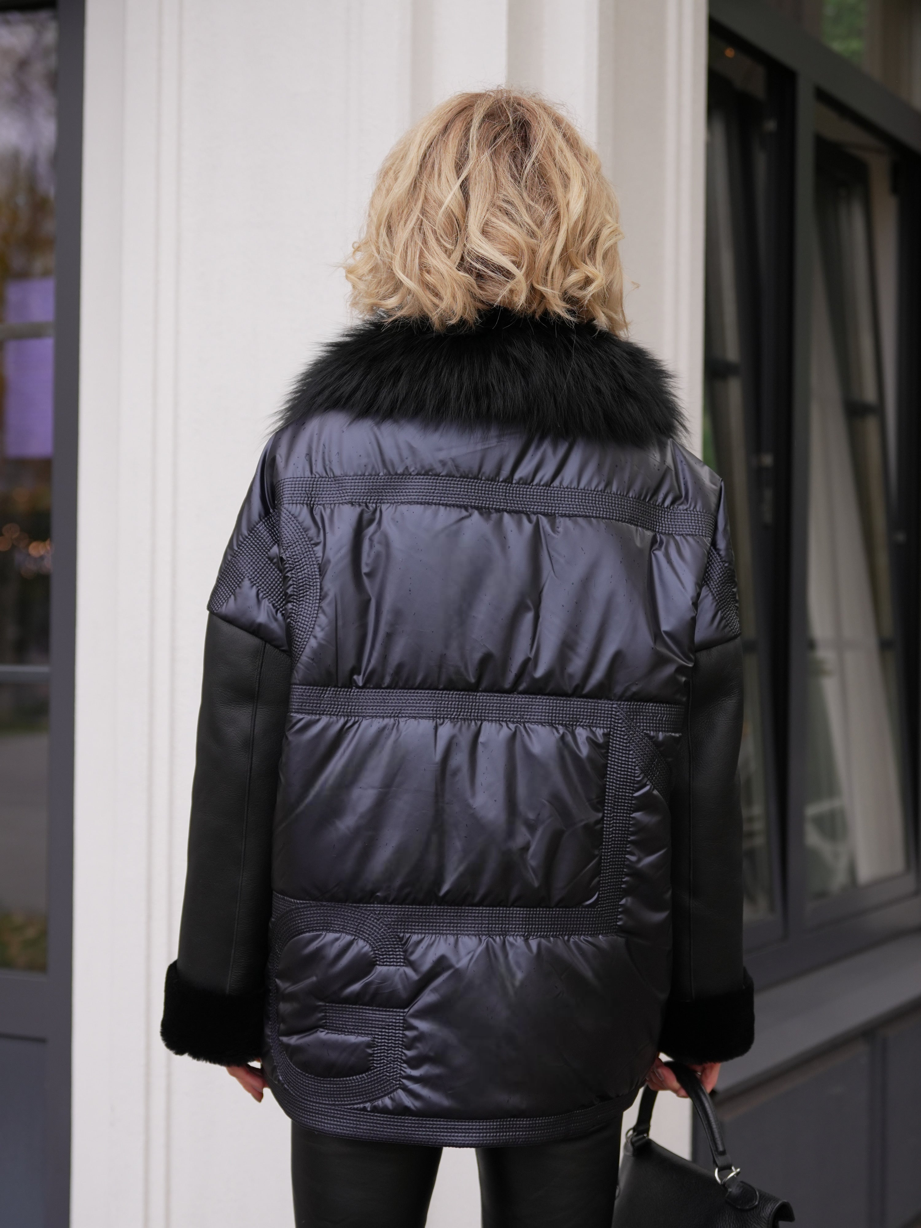 Audrey Genuine Lamb Leather Fox Fur Down Coat in Dark Sapphire