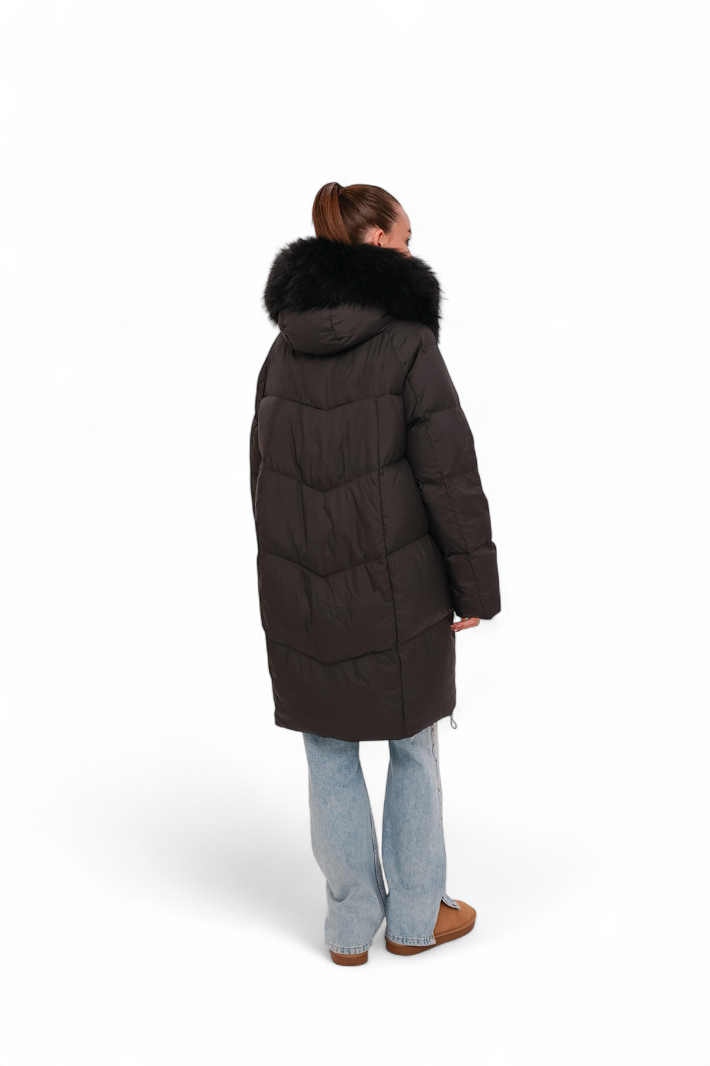 Nellie Genuine Fur Trim Down Fill Coat in Black