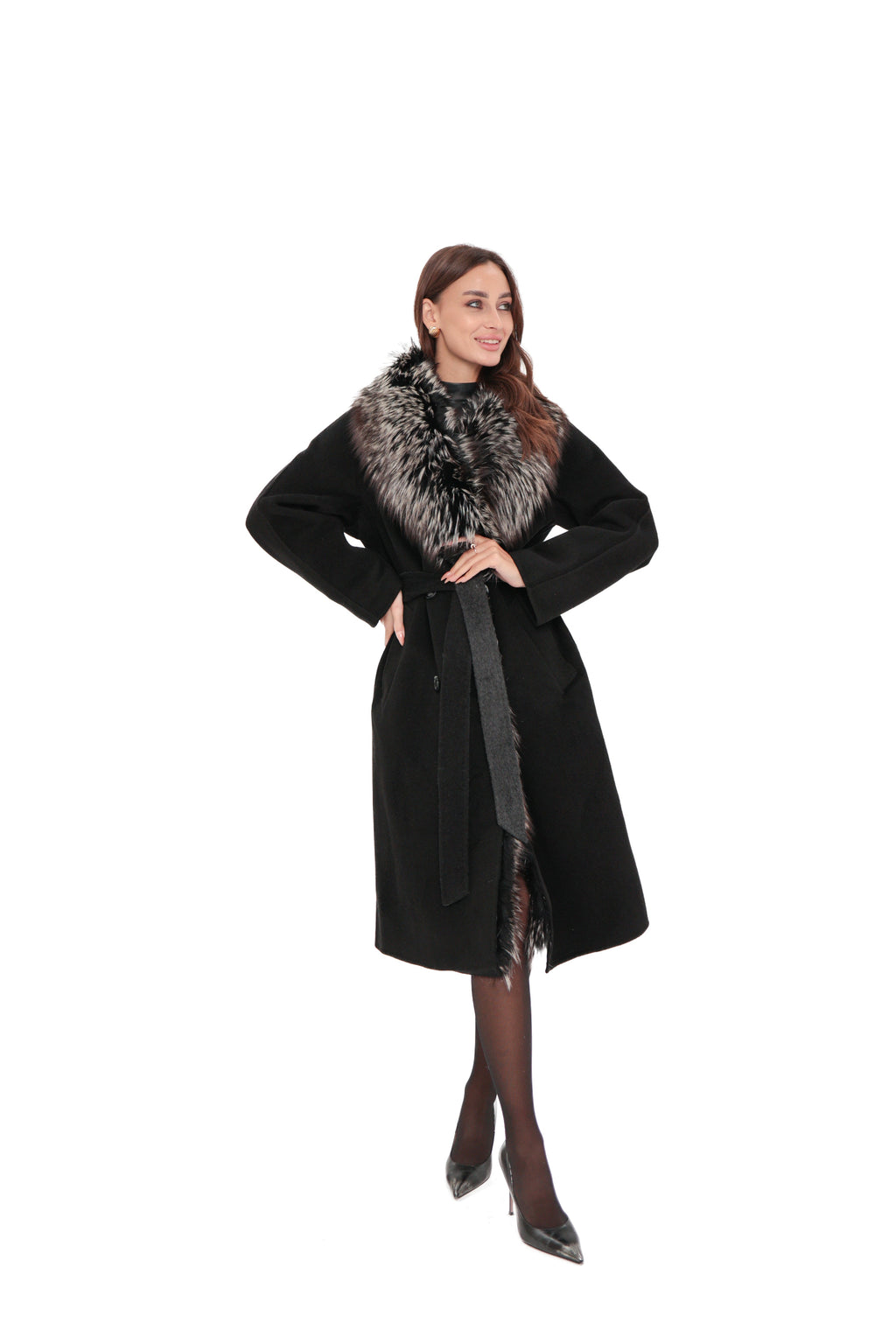 Genuine Silver Fox Cashmere Blend Coat