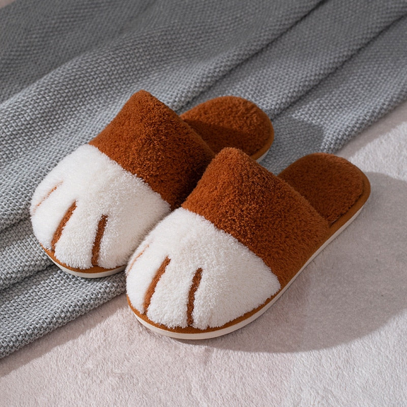 Winter House Warm Fur Slipers For Women Cute Cat paw Designer Bedroom Warm Plush Shoes Non-slip Indoor Women Furry Slippers