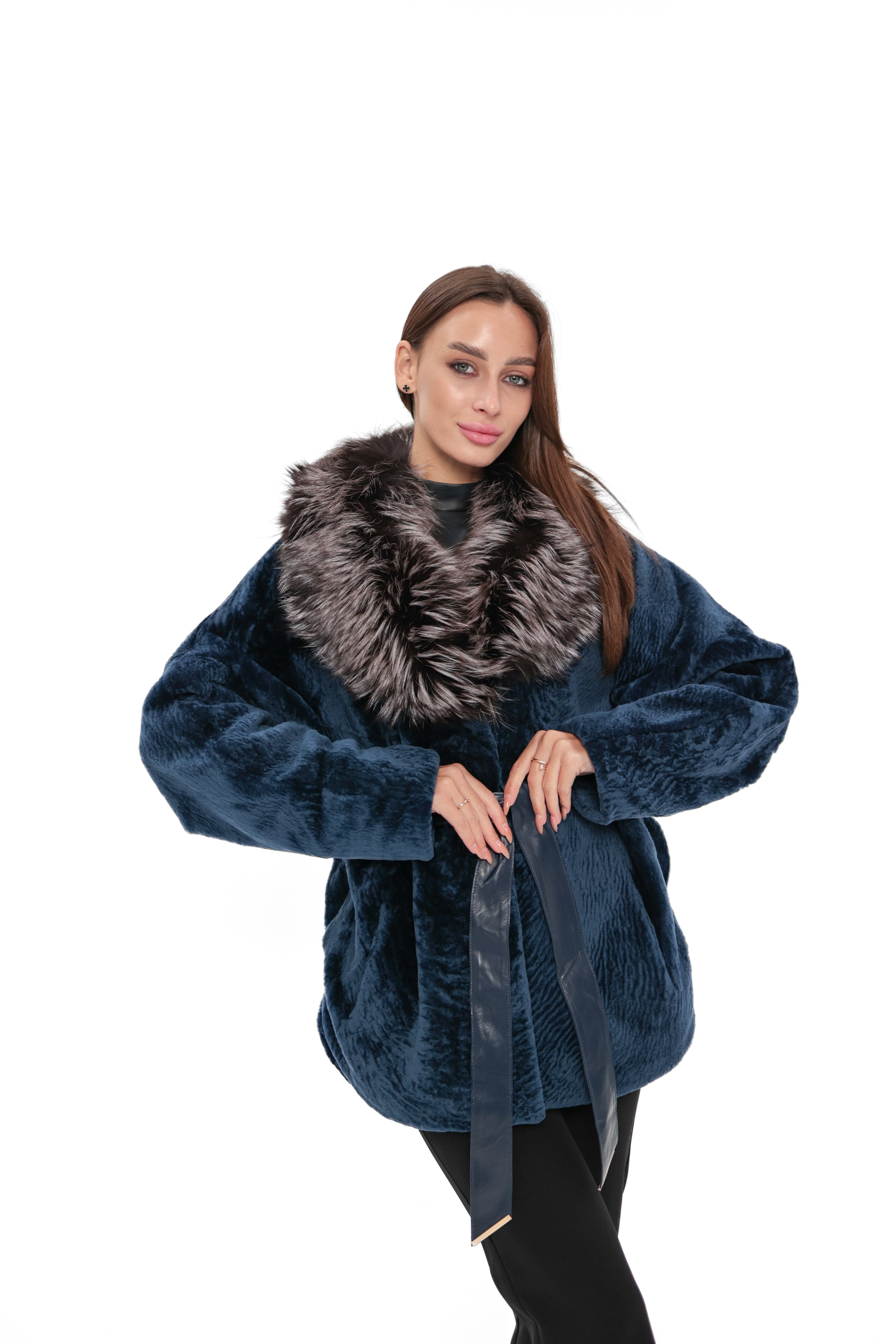 Calabria Genuine Astrakhan Silver Fox Trim Coat