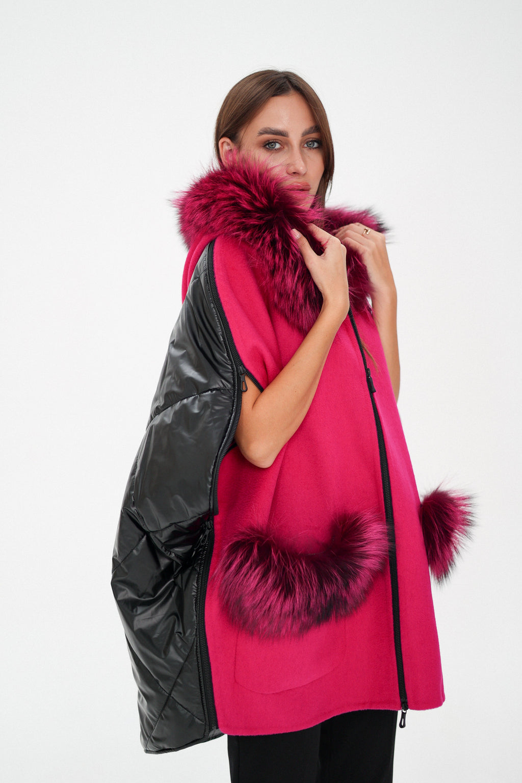 Saga®Furs Silver Fox Wool Alpaca Poncho Vest in Fuchsia