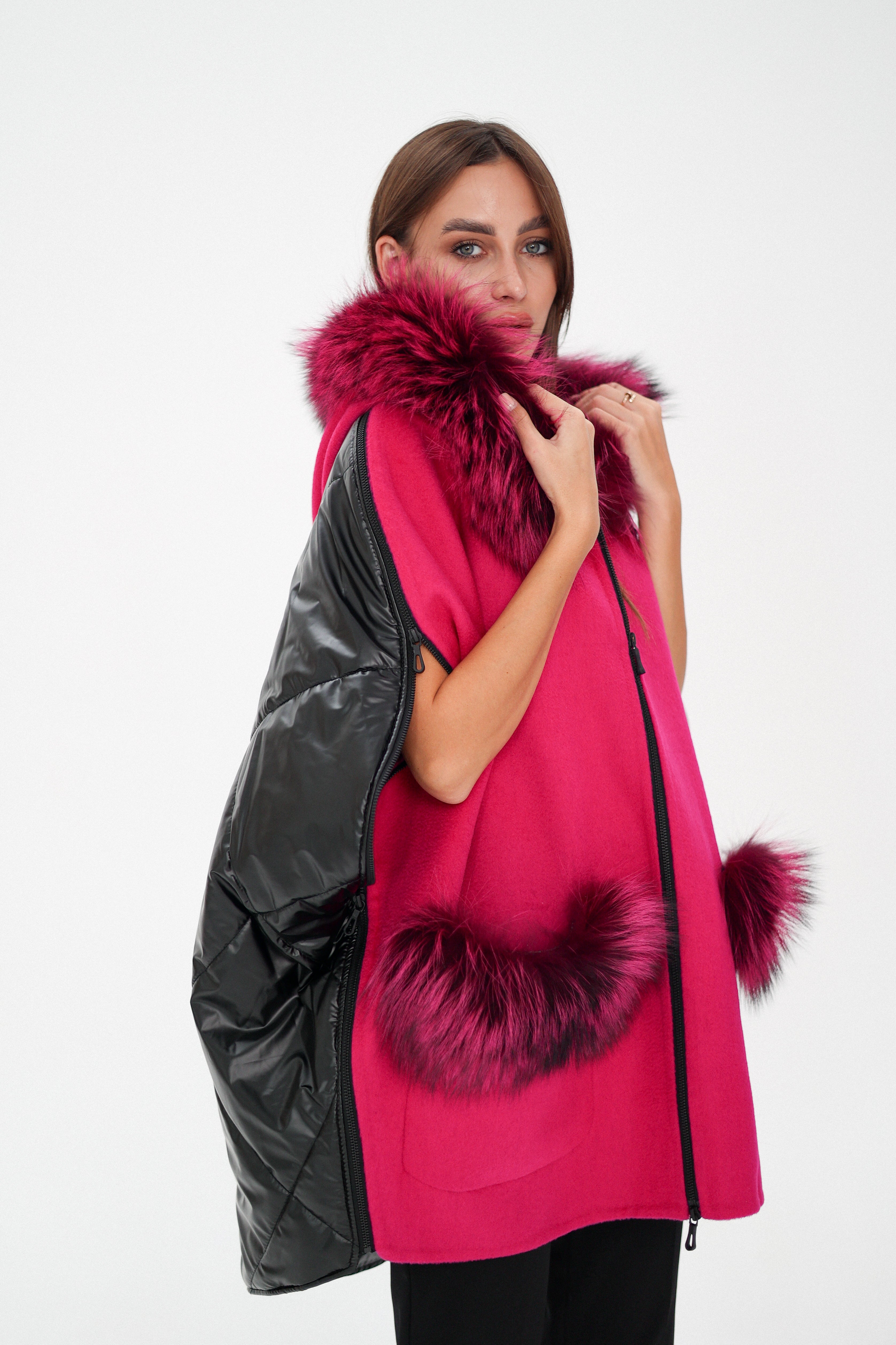 Saga®Furs Silver Fox Wool Alpaca Poncho Vest in Fuchsia
