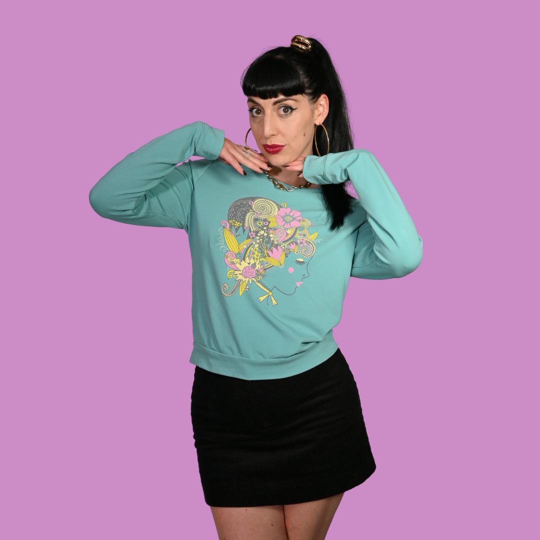Floral Bouffant Pullover in Catalina Blue