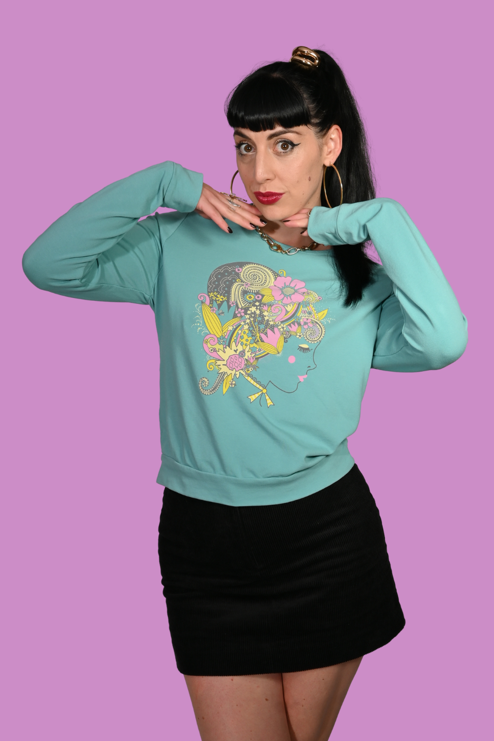 Floral Bouffant Pullover in Catalina Blue