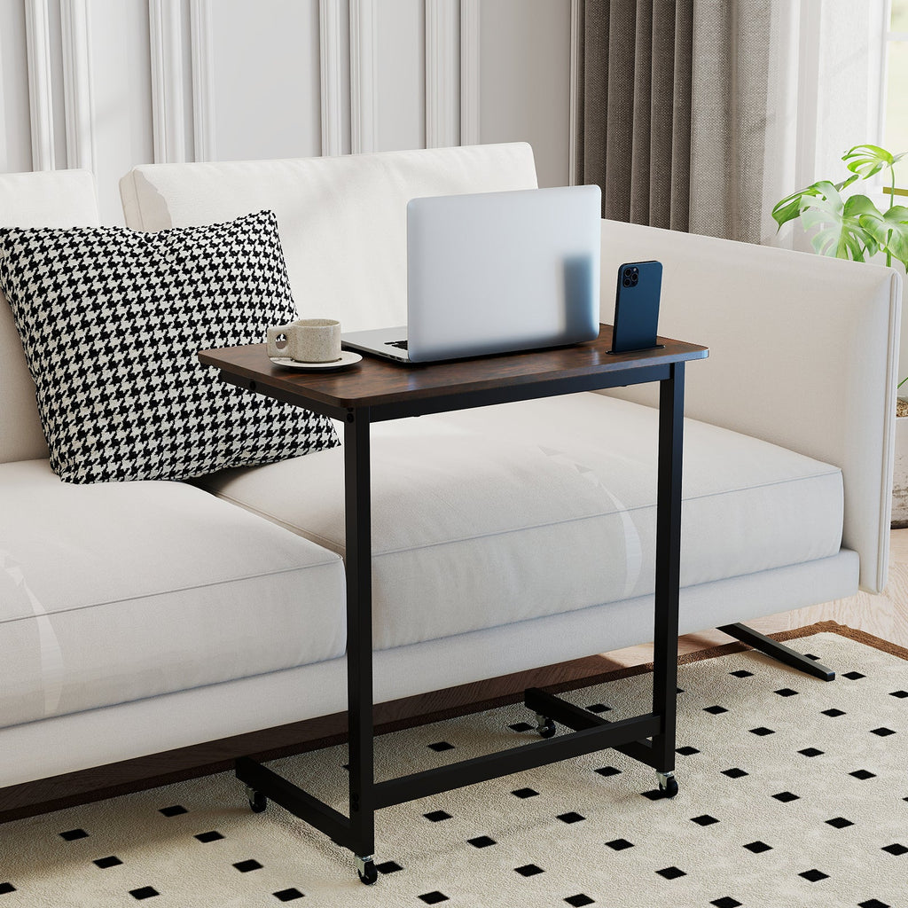 C-shaped End Table with Wheels Mobile Bedside Table with Built-in Phone Slot-Rustic Brown