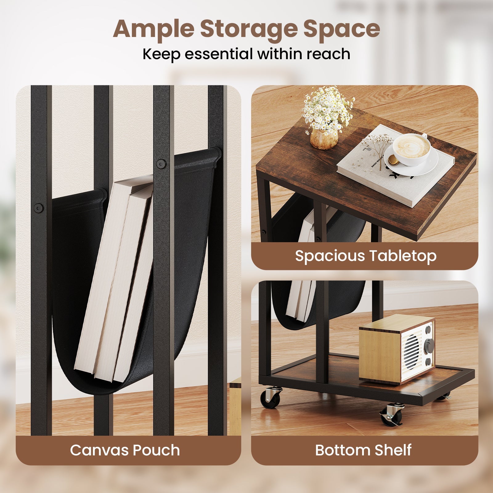 C-shaped Side Table with Canvas Storage Pouch and Metal Frame-Borwn