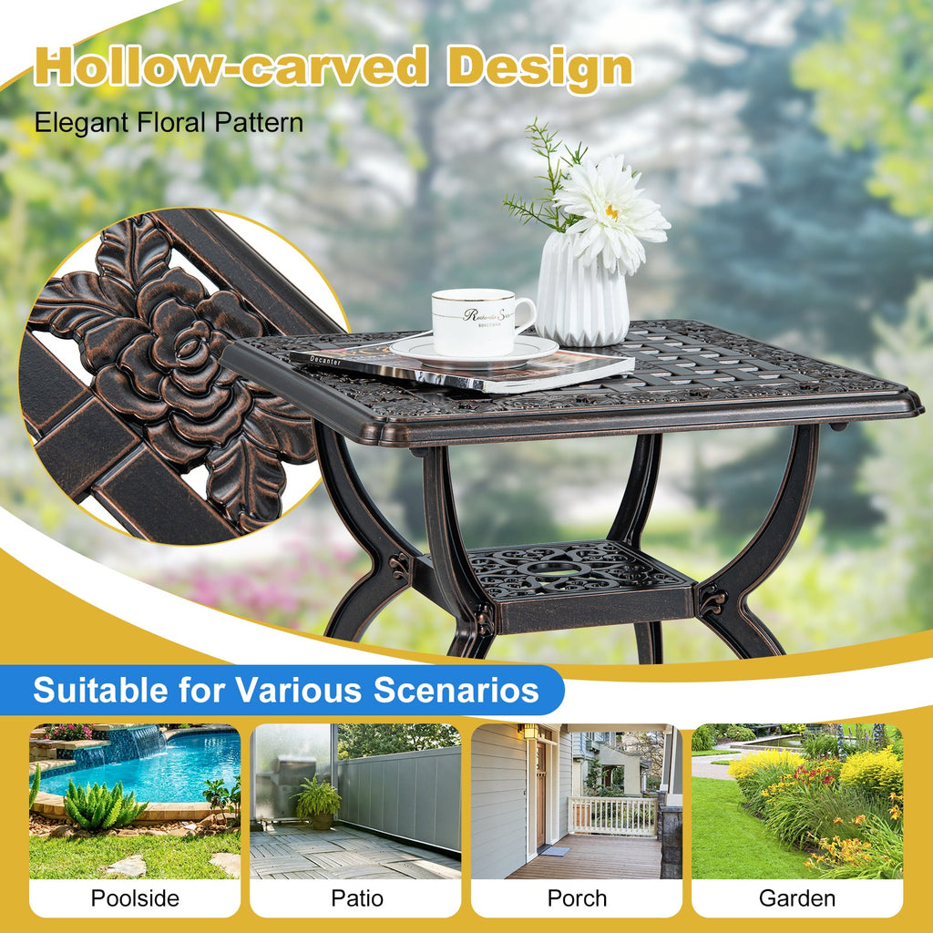 Cast Aluminum Outdoor Side Table with Storage Shelf for Garden Porch Balcony-Rustic Brown