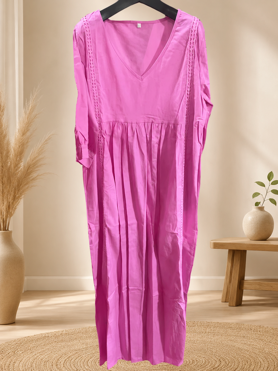 Women's Linen Cotton V-Neck Dress – Lace Trim, Loose Fit, 7 Colors