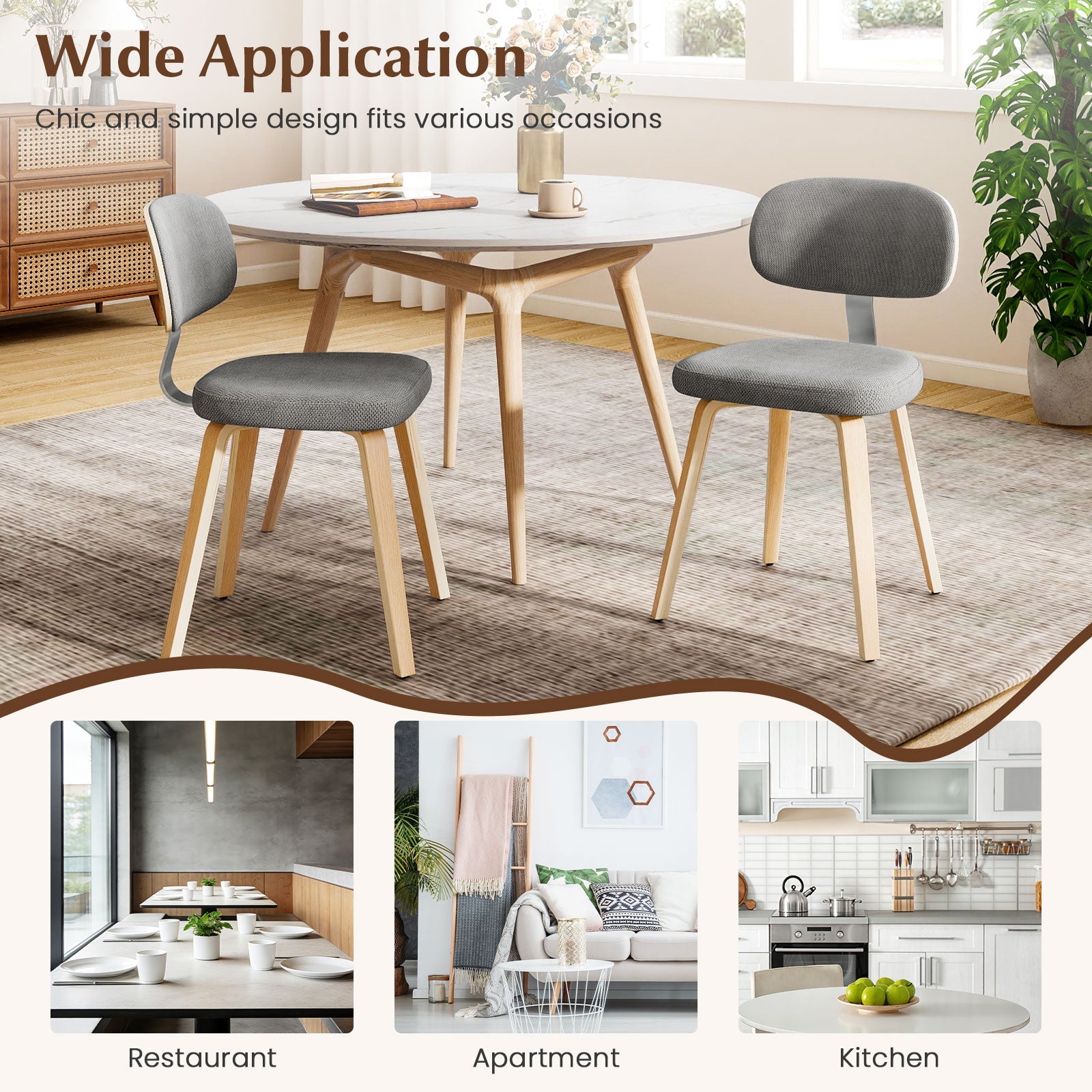 Chenille Fabric Upholstered Wooden Kitchen Chairs Set of 2