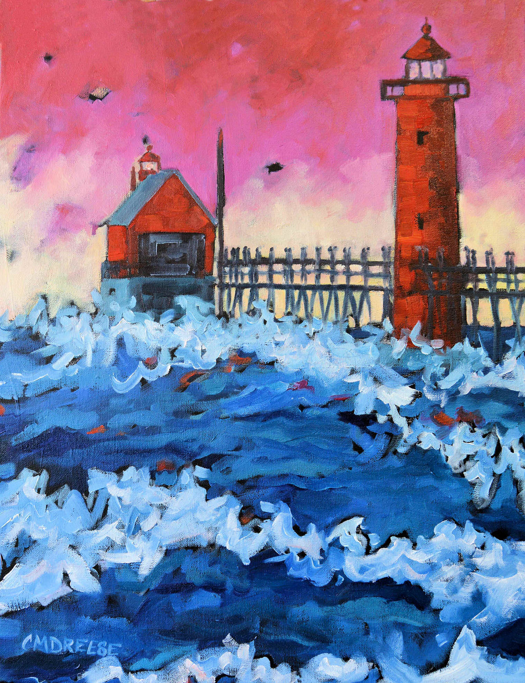 "Pink Sky at Night Lighthouse" Grand Haven Sunset Lighthouse Glass Art Print