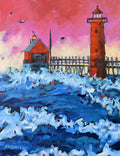 "Pink Sky at Night Lighthouse" Grand Haven Sunset Lighthouse Glass Art Print